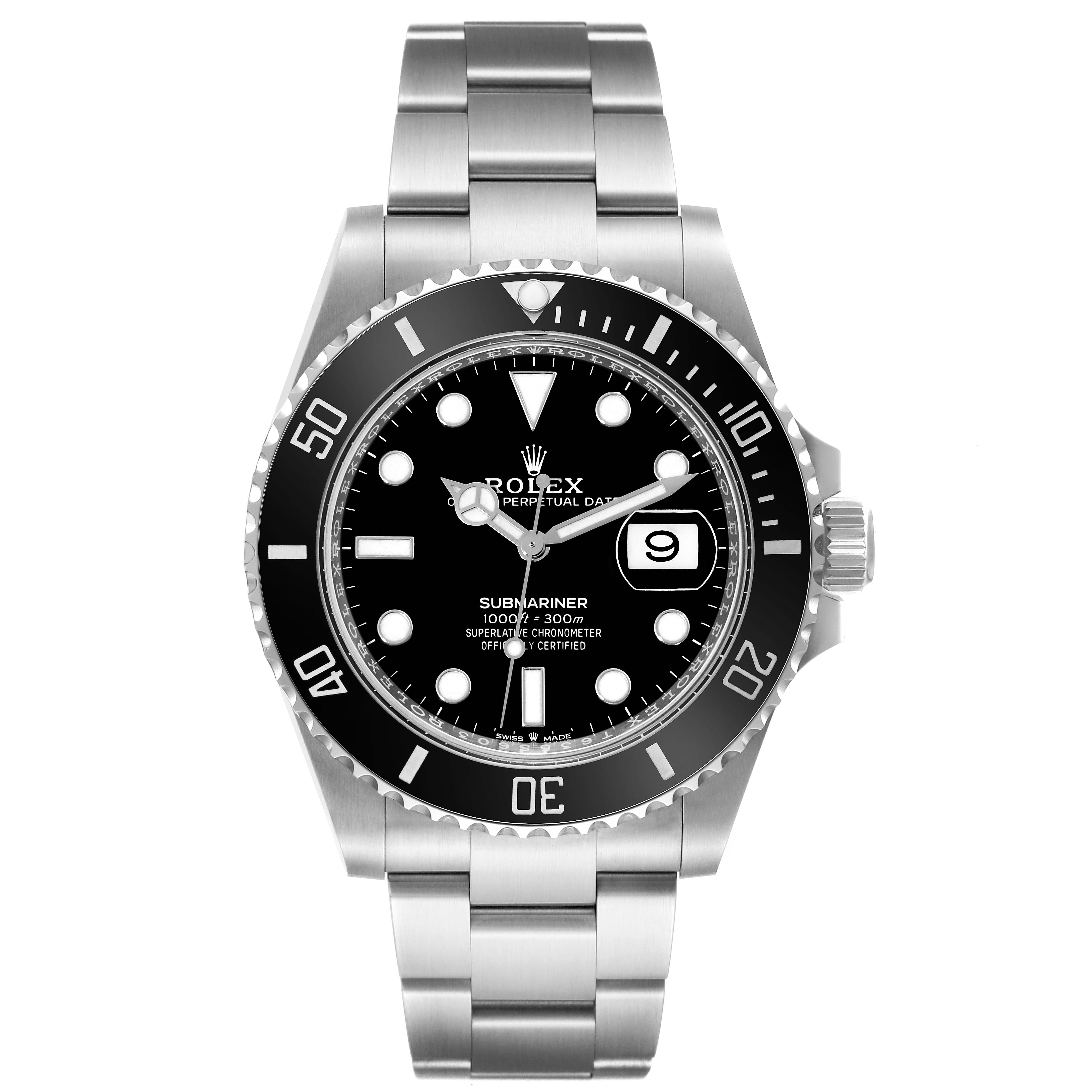 The Rolex Submariner 126610 Men
s Stainless Steel Black Dial 126610 Men
s Stainless Steel Black Dial watch is shown from the front, displaying its dial, bezel, and bracelet.