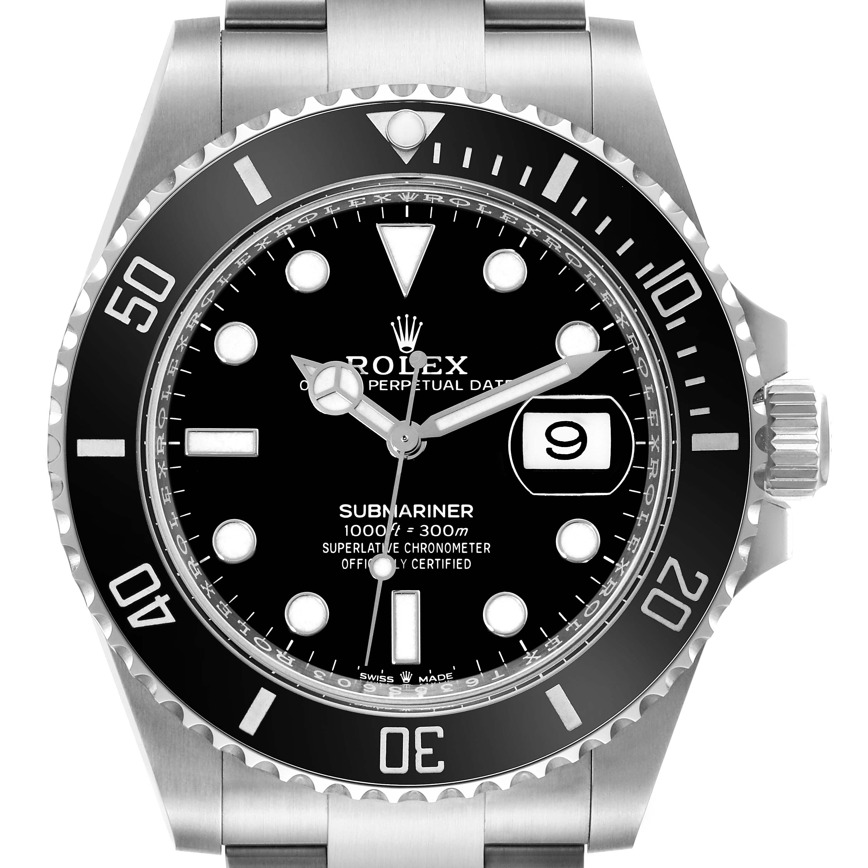 This image shows a front view of the Rolex Submariner 126610 Men
s Stainless Steel Black Dial 126610 Men
s Stainless Steel Black Dial watch, highlighting the dial, bezel, and crown.