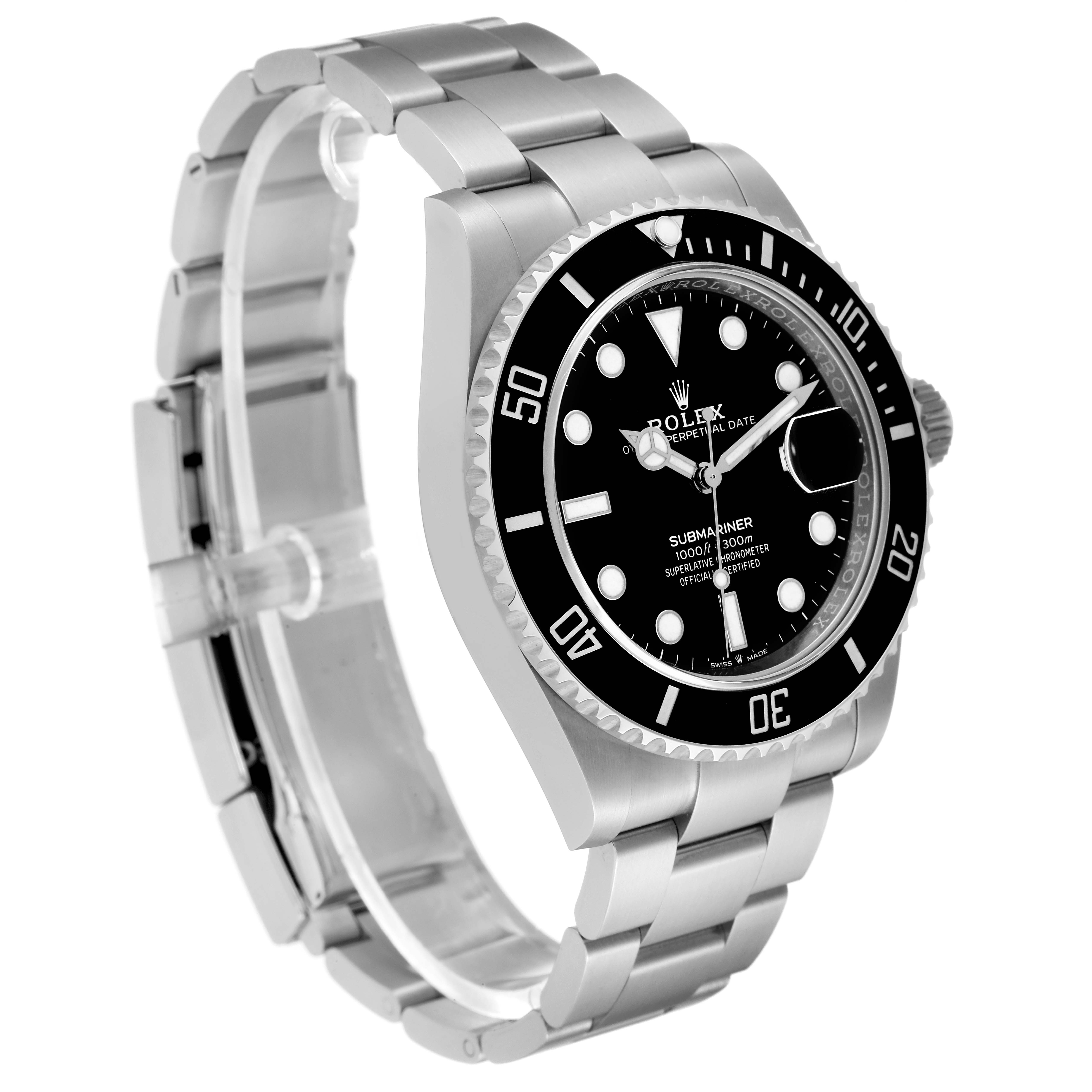 The image shows a Rolex Submariner 126610 Men
s Stainless Steel Black Dial 126610 Men
s Stainless Steel Black Dial watch from an angled front view highlighting the dial, bezel, and part of the bracelet.
