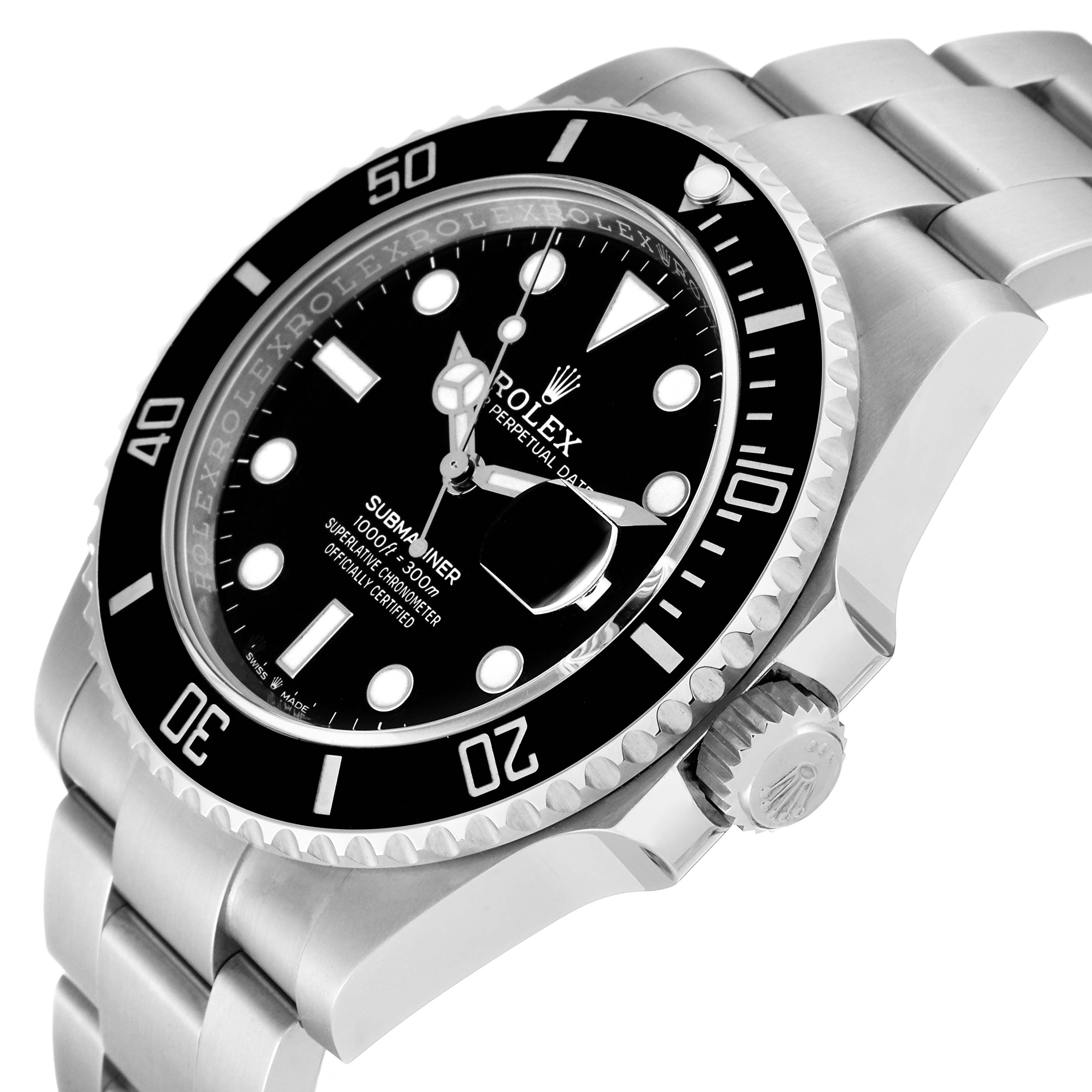 This image shows a side angle of the Rolex Submariner 126610 Men
s Stainless Steel Black Dial 126610 Men
s Stainless Steel Black Dial, highlighting the dial, bezel, crown, and bracelet.