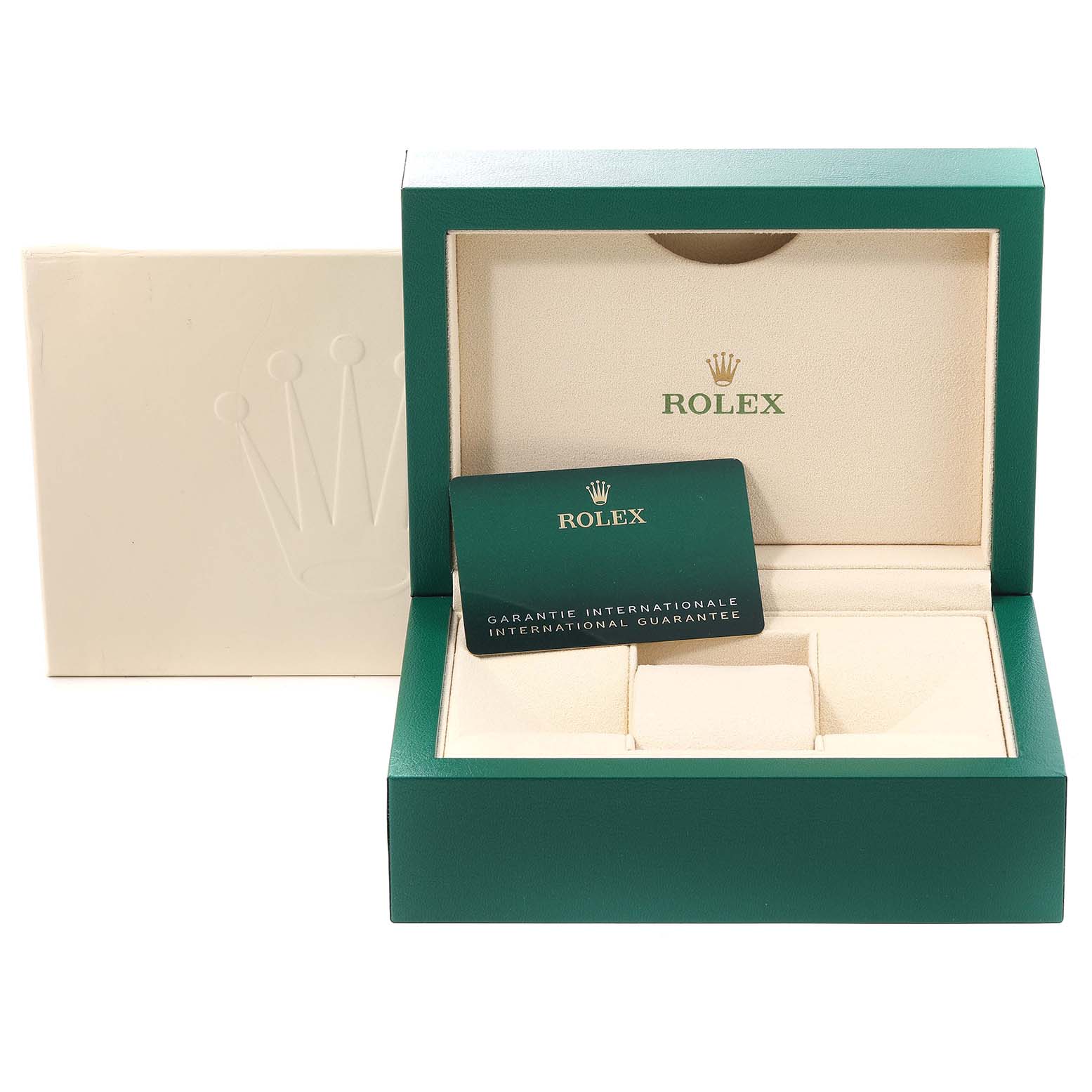 The image shows an open Rolex Submariner 126610 Men
s Stainless Steel Black Dial 126610 Men
s Stainless Steel Black Dial watch box with an international guarantee card inside.