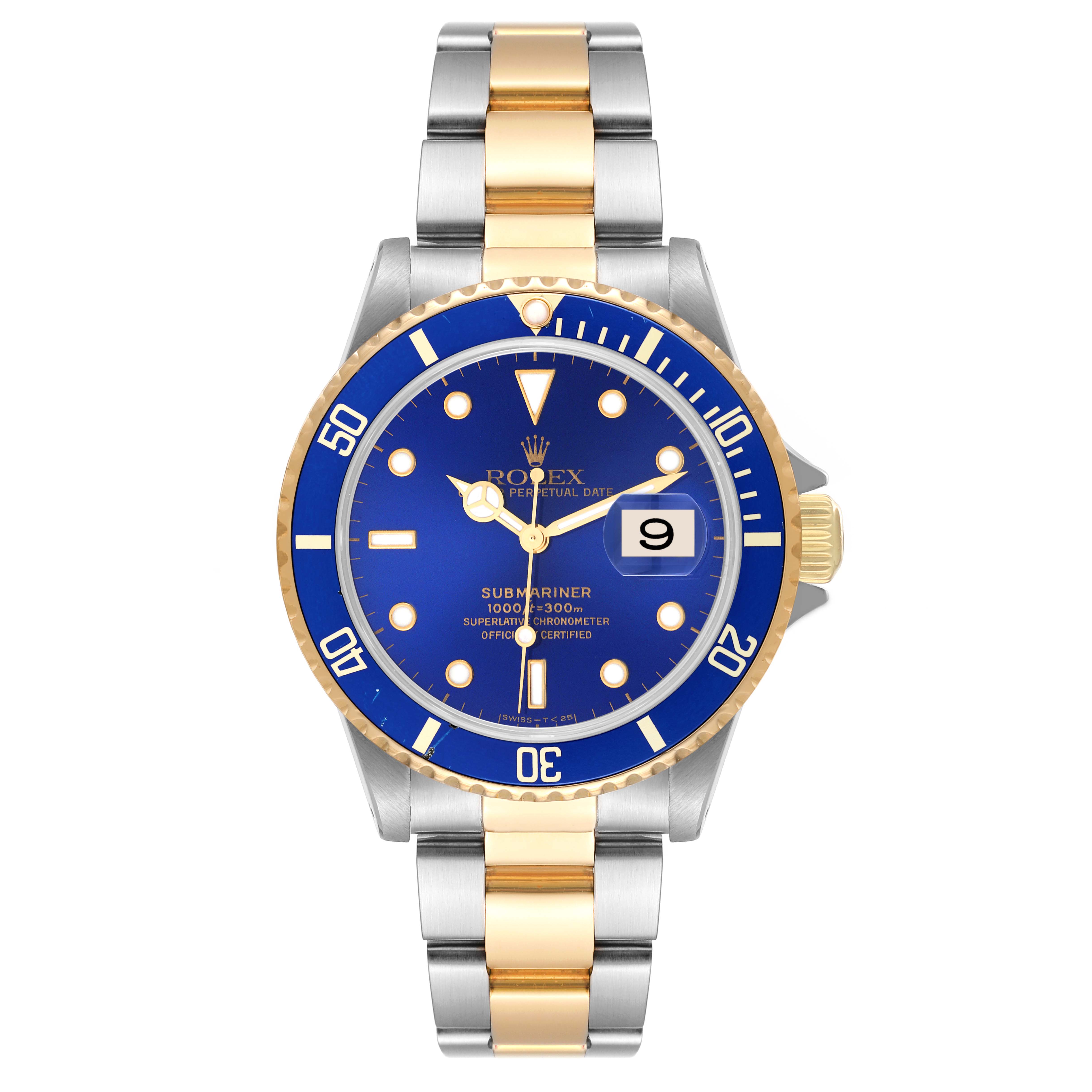 This image shows a front view of the Rolex Submariner 16613 Men's Steel and Gold (two tone) Blue Dial 16613 Men's Steel and Gold (two tone) Blue Dial watch, highlighting its blue dial, date display, and two-tone bracelet.