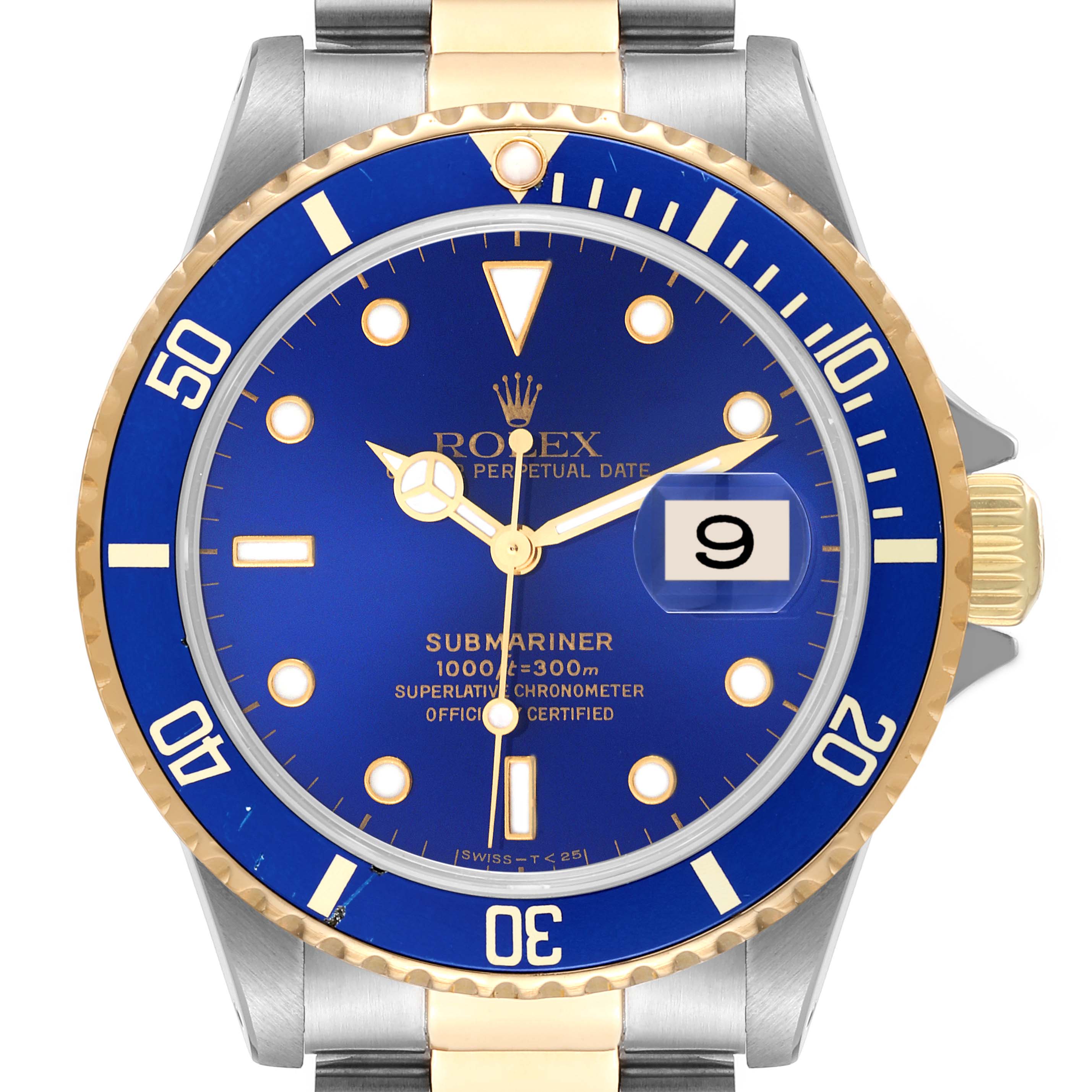 This is a head-on view of a Rolex Submariner 16613 Men's Steel and Gold (two tone) Blue Dial 16613 Men's Steel and Gold (two tone) Blue Dial watch, showing its blue and gold dial, rotating bezel, and stainless steel-gold bracelet.