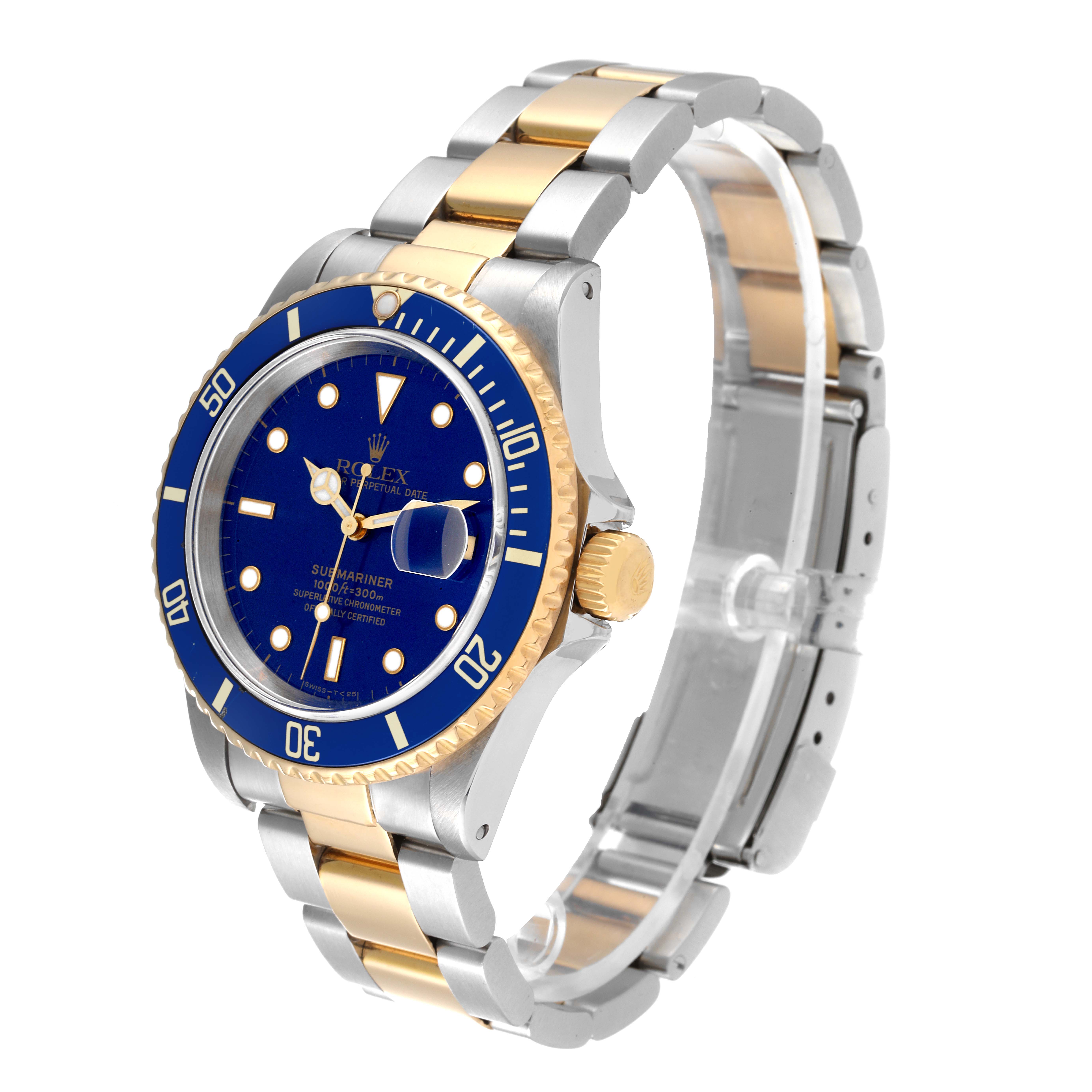 The image shows a Rolex Submariner 16613 Men's Steel and Gold (two tone) Blue Dial 16613 Men's Steel and Gold (two tone) Blue Dial watch from a three-quarter angle, highlighting its blue dial, bezel, and two-tone bracelet.
