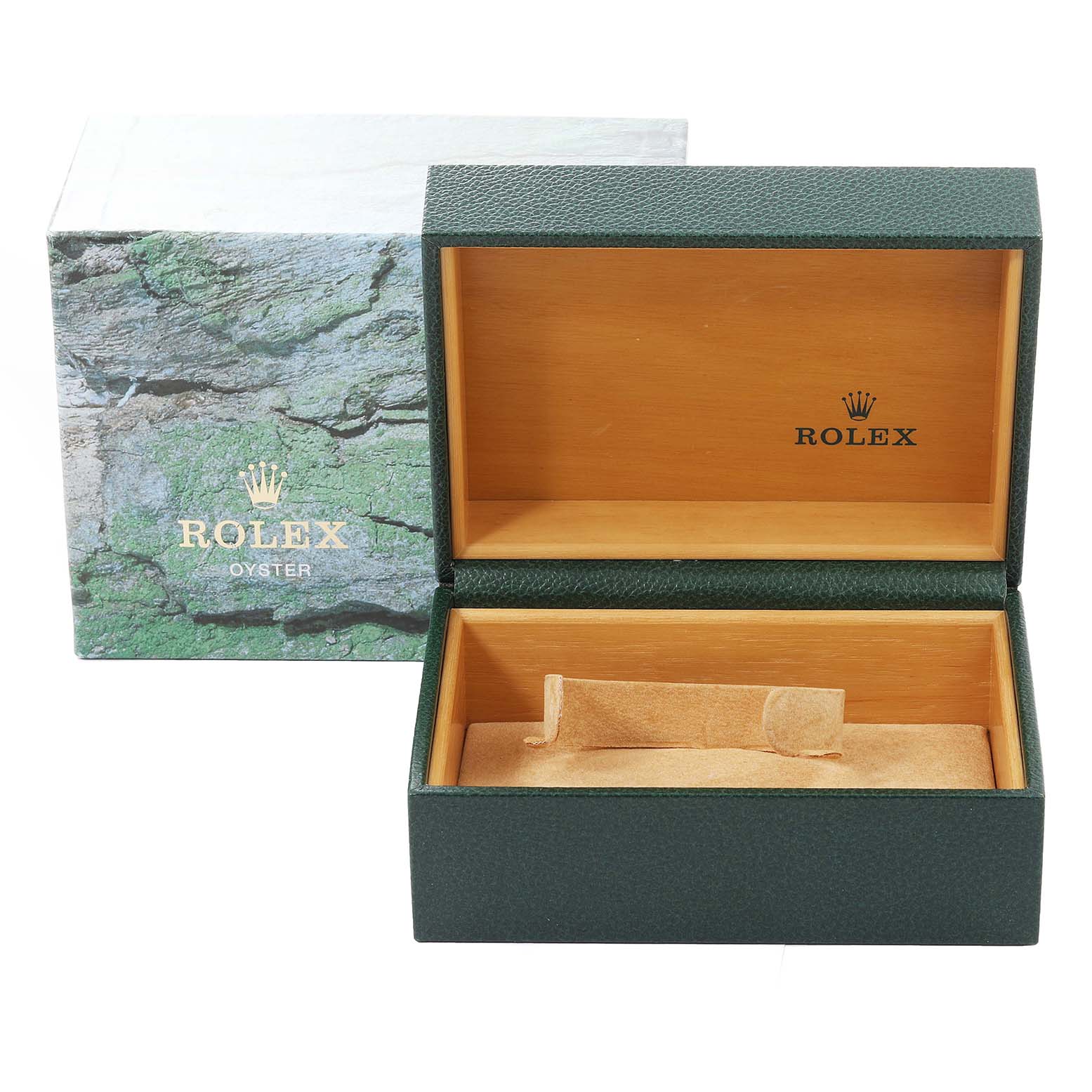 This image shows an open green Rolex Submariner 16613 Men's Steel and Gold (two tone) Blue Dial 16613 Men's Steel and Gold (two tone) Blue Dial watch box with a wooden interior and a cushion.