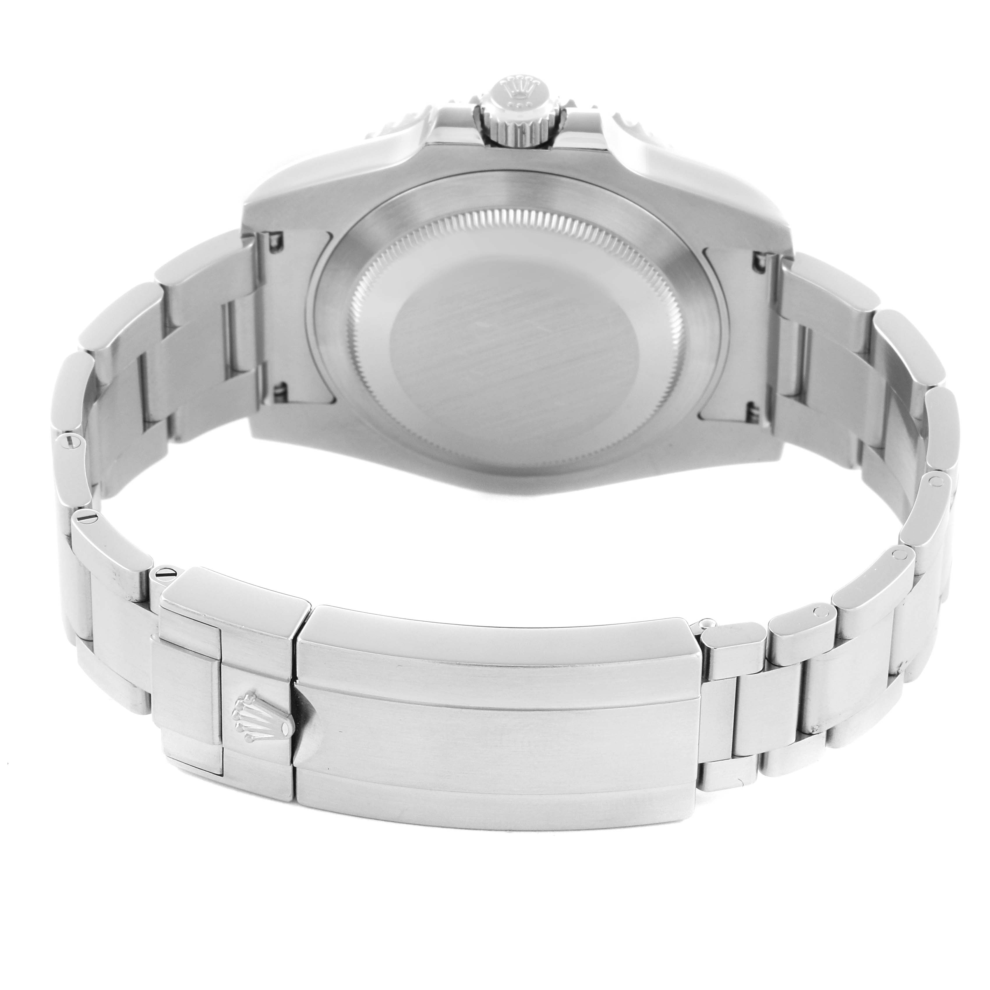 The image shows the back view of a Rolex Submariner 116610LV Men's Stainless Steel Green Dial 116610LV Men's Stainless Steel Green Dial, highlighting the clasp, case back, and bracelet links.