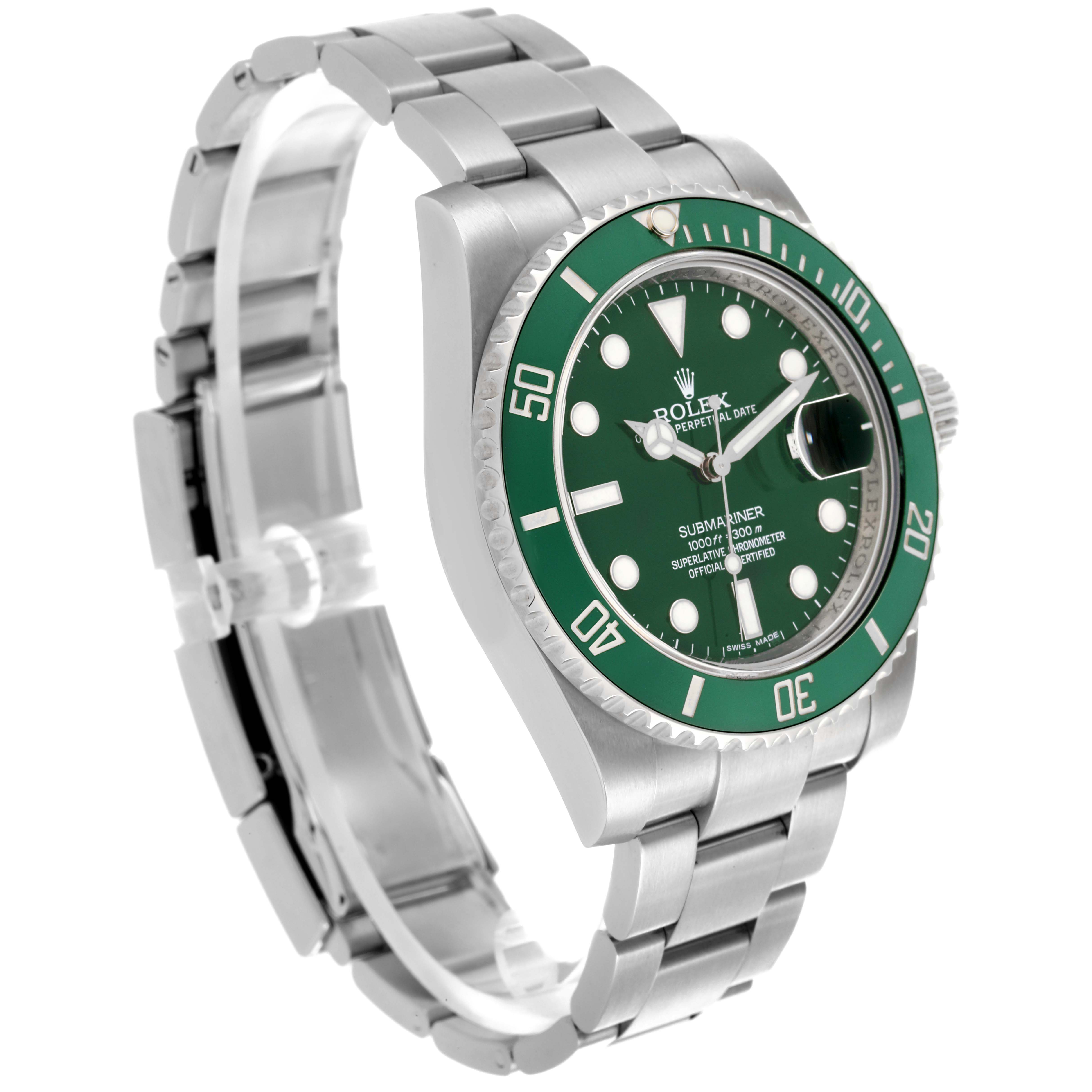 The Rolex Submariner 116610LV Men's Stainless Steel Green Dial 116610LV Men's Stainless Steel Green Dial watch is shown at a three-quarter angle, revealing the face, bezel, and part of the bracelet.