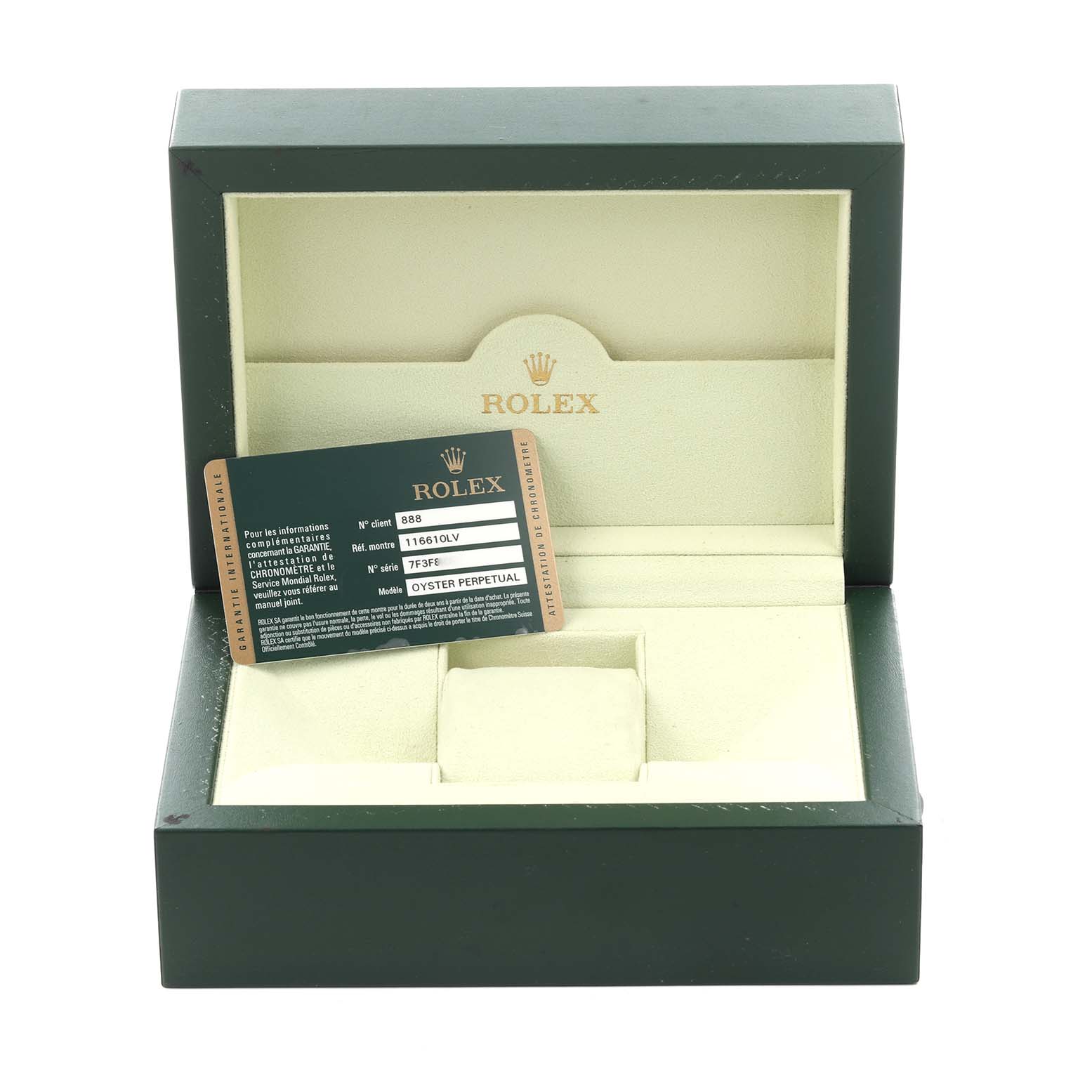 The image shows a Rolex Submariner 116610LV Men's Stainless Steel Green Dial 116610LV Men's Stainless Steel Green Dial watch box and authenticity card from a frontal angle.