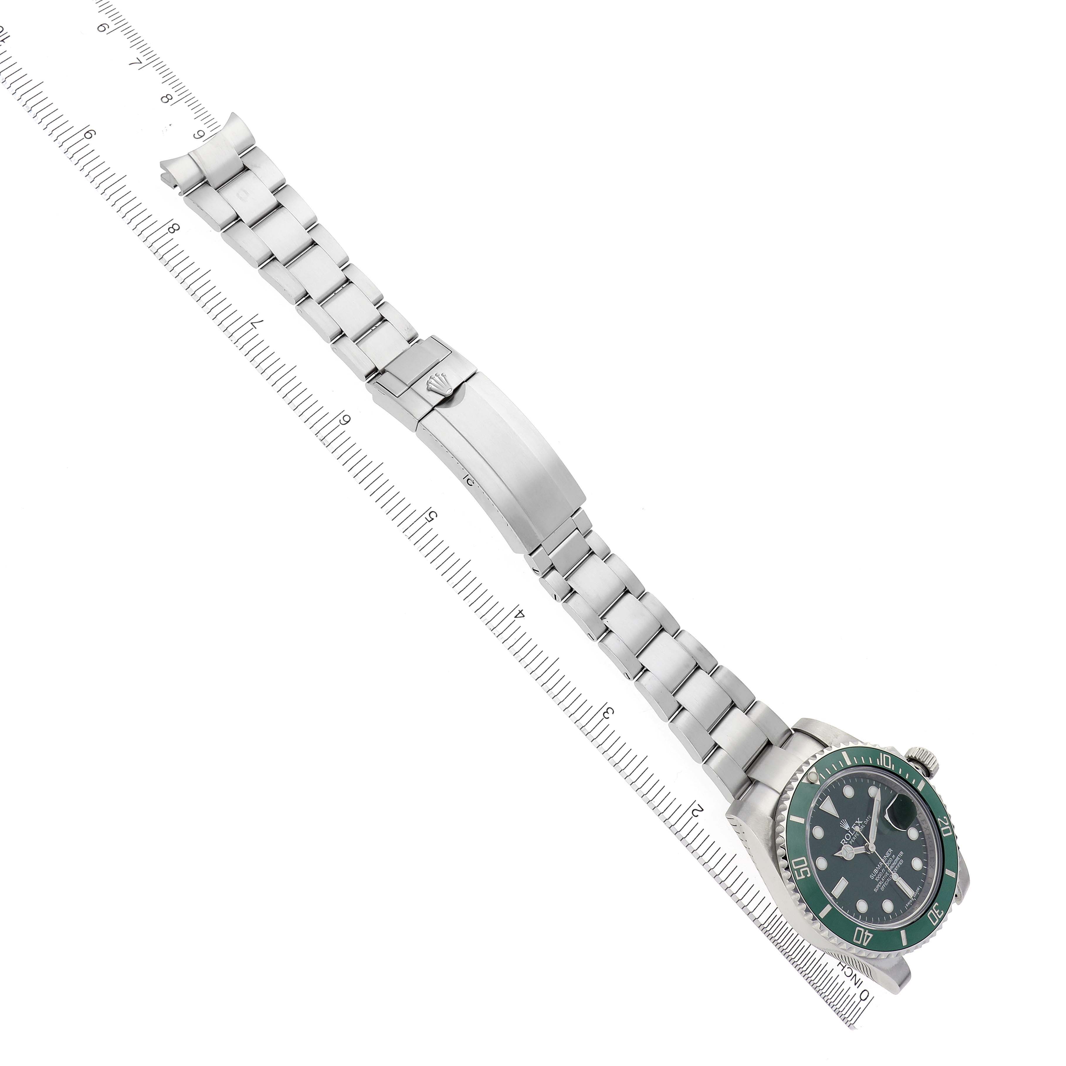 The Rolex Submariner 116610LV Men's Stainless Steel Green Dial 116610LV Men's Stainless Steel Green Dial watch is shown from an angled top view, displaying the bracelet and bezel.