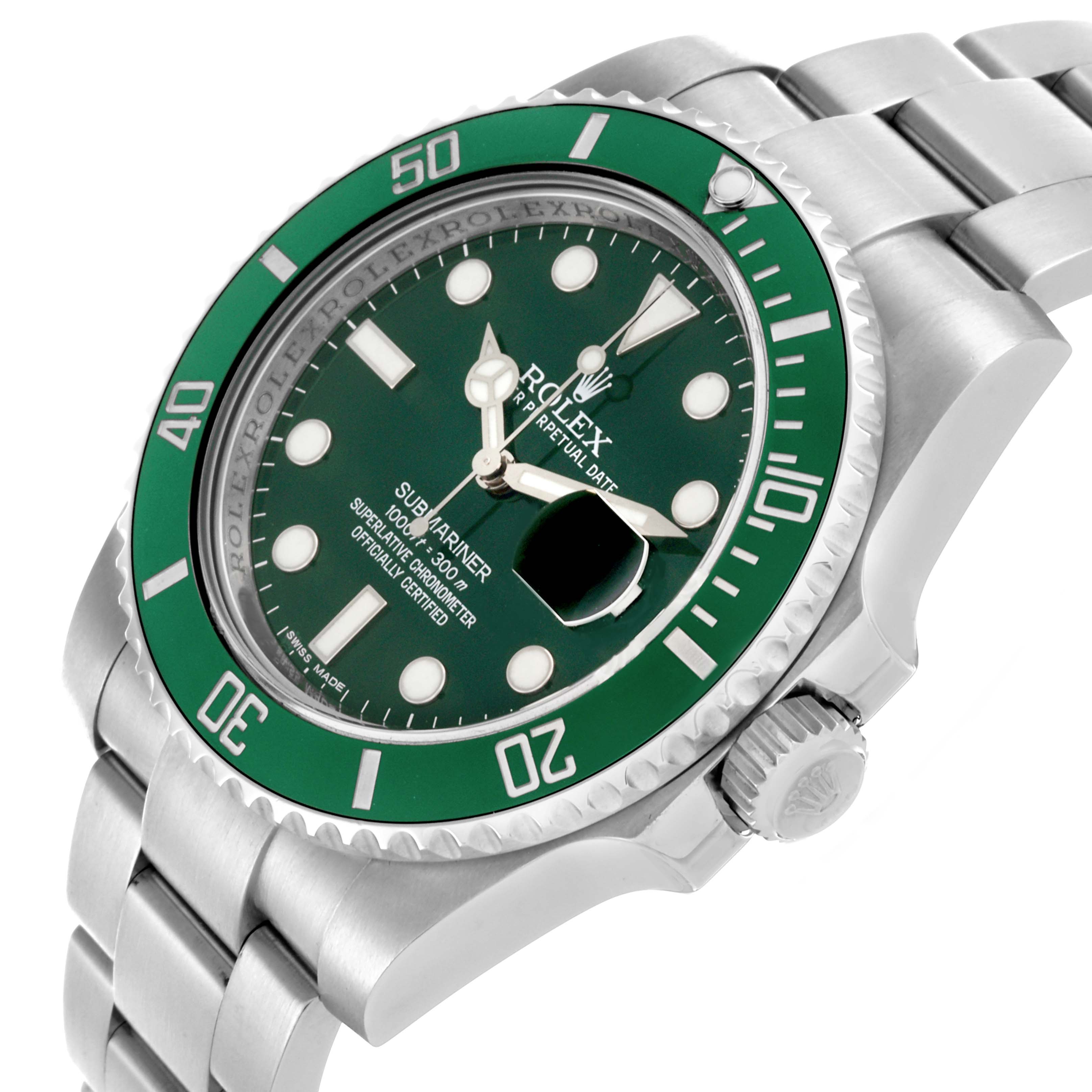 The Rolex Submariner 116610LV Men's Stainless Steel Green Dial 116610LV Men's Stainless Steel Green Dial watch is shown at a side angle, highlighting the bezel, dial, crown, and bracelet.