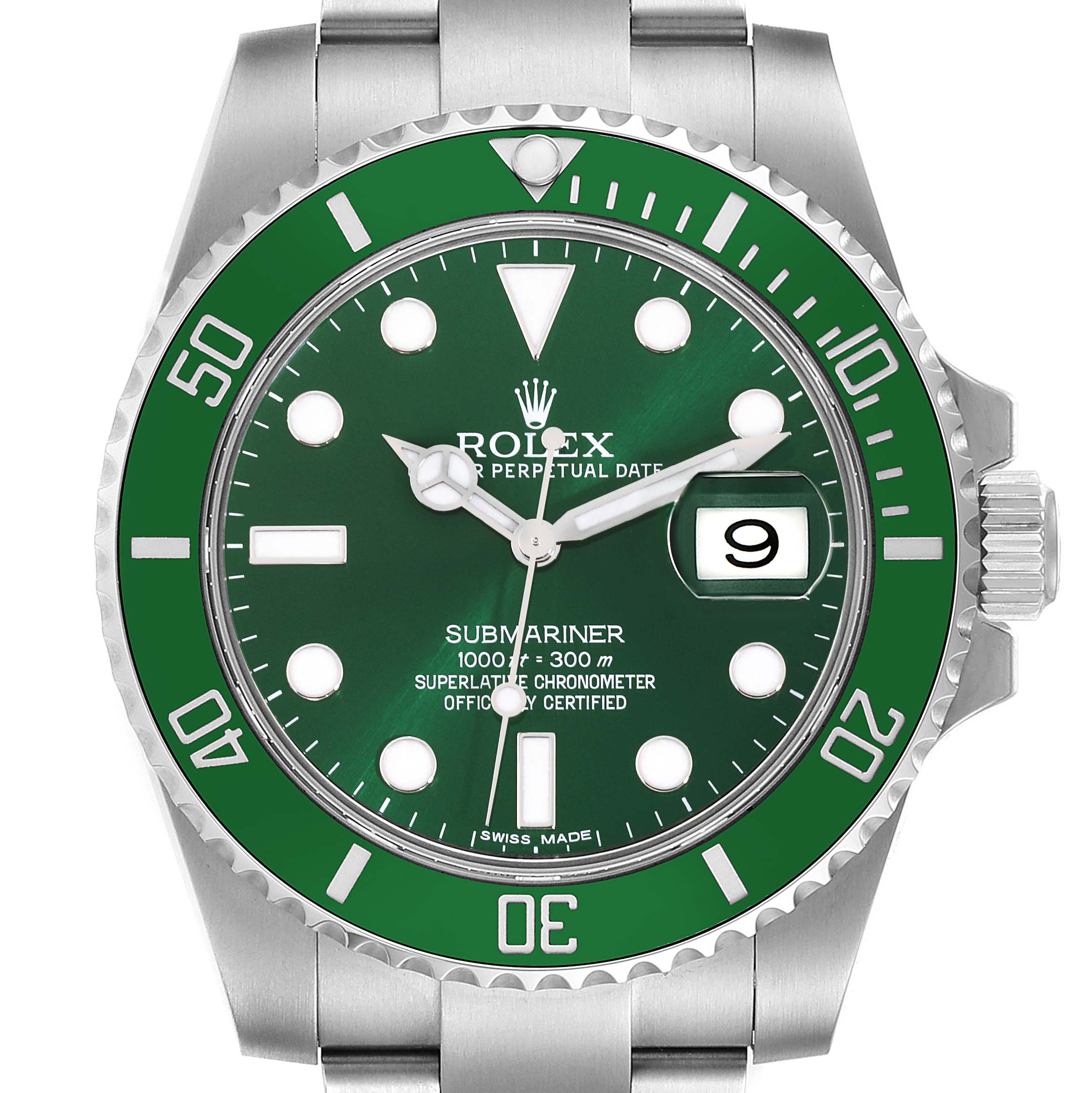 The image shows a front view of the Rolex Submariner 116610LV Men's Stainless Steel Green Dial 116610LV Men's Stainless Steel Green Dial watch, displaying its green dial, bezel, and crown.