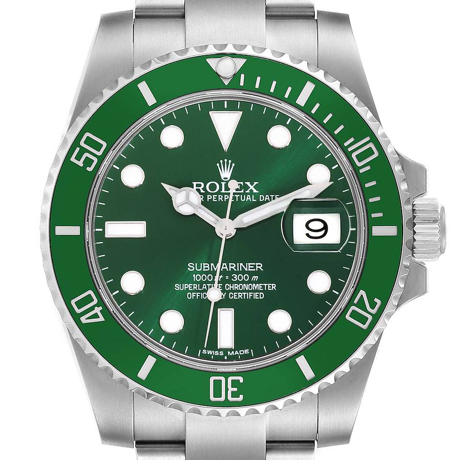 The image shows a front view of the Rolex Submariner watch, displaying its green dial, bezel, and crown.