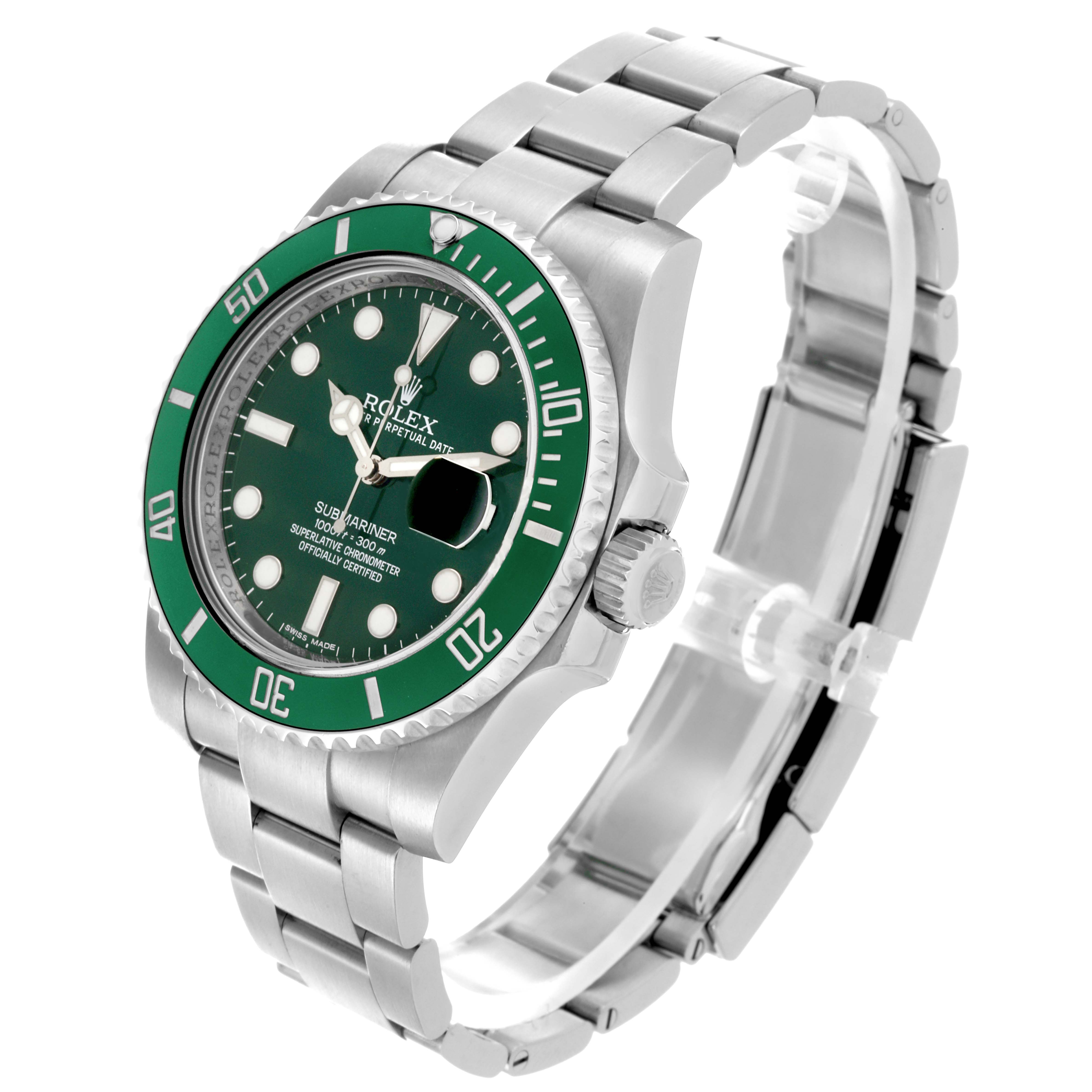 The Rolex Submariner 116610LV Men's Stainless Steel Green Dial 116610LV Men's Stainless Steel Green Dial watch is shown at an angled view, displaying its face, bezel, crown, and bracelet.
