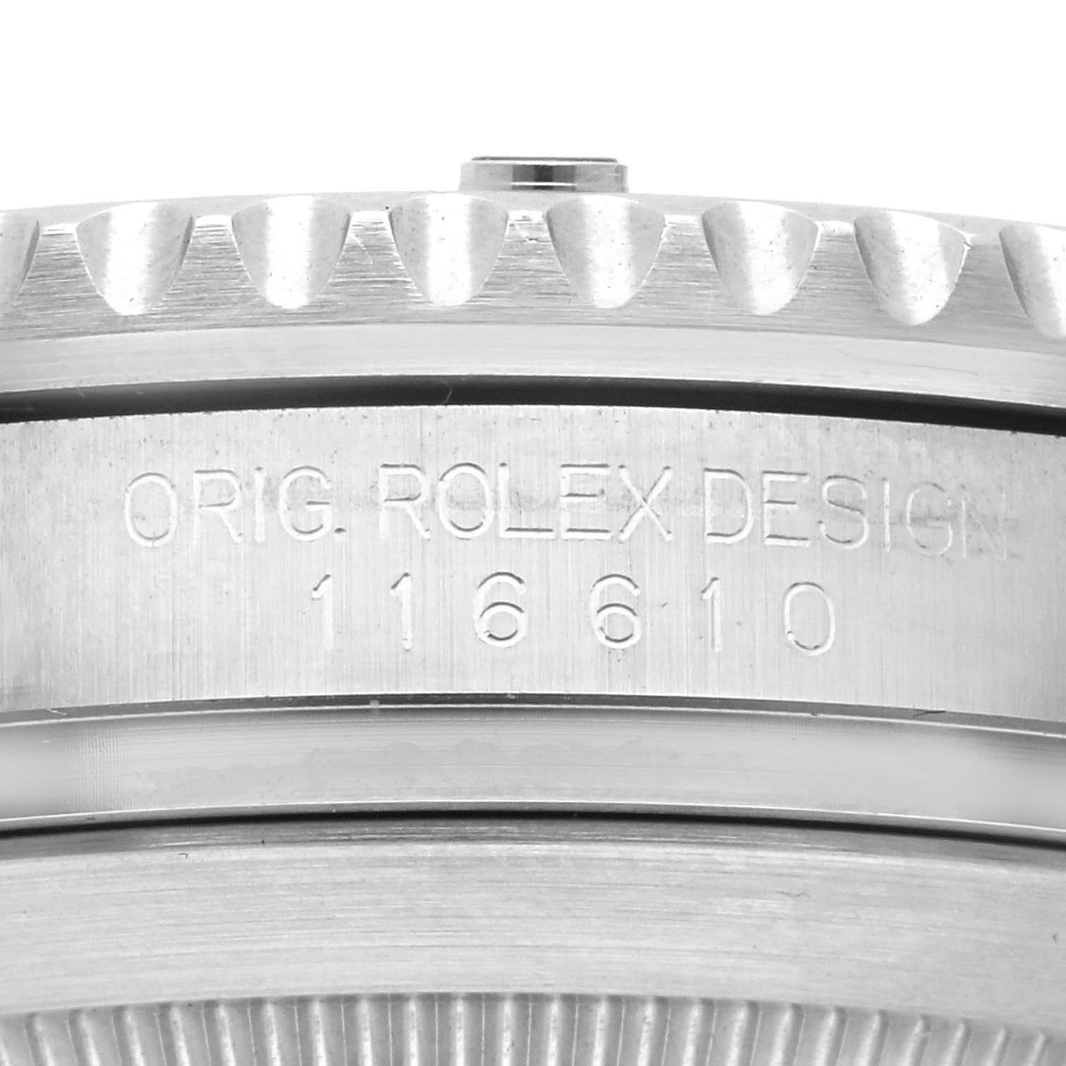 The image shows a close-up of the side of a Rolex Submariner 116610LV Men's Stainless Steel Green Dial 116610LV Men's Stainless Steel Green Dial, highlighting the model number and part of the bezel.