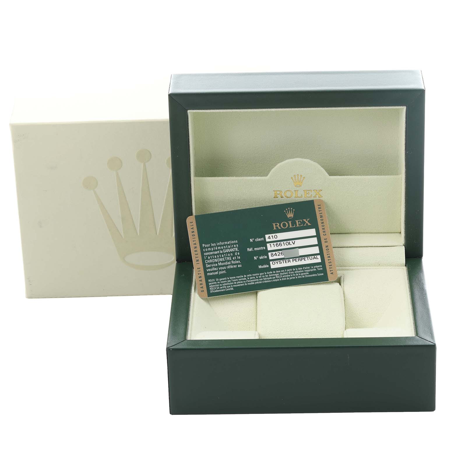 The image shows the open box and warranty card for a Rolex Submariner 116610LV Men
s Stainless Steel Green Dial 116610LV Men
s Stainless Steel Green Dial watch, viewed from the front.