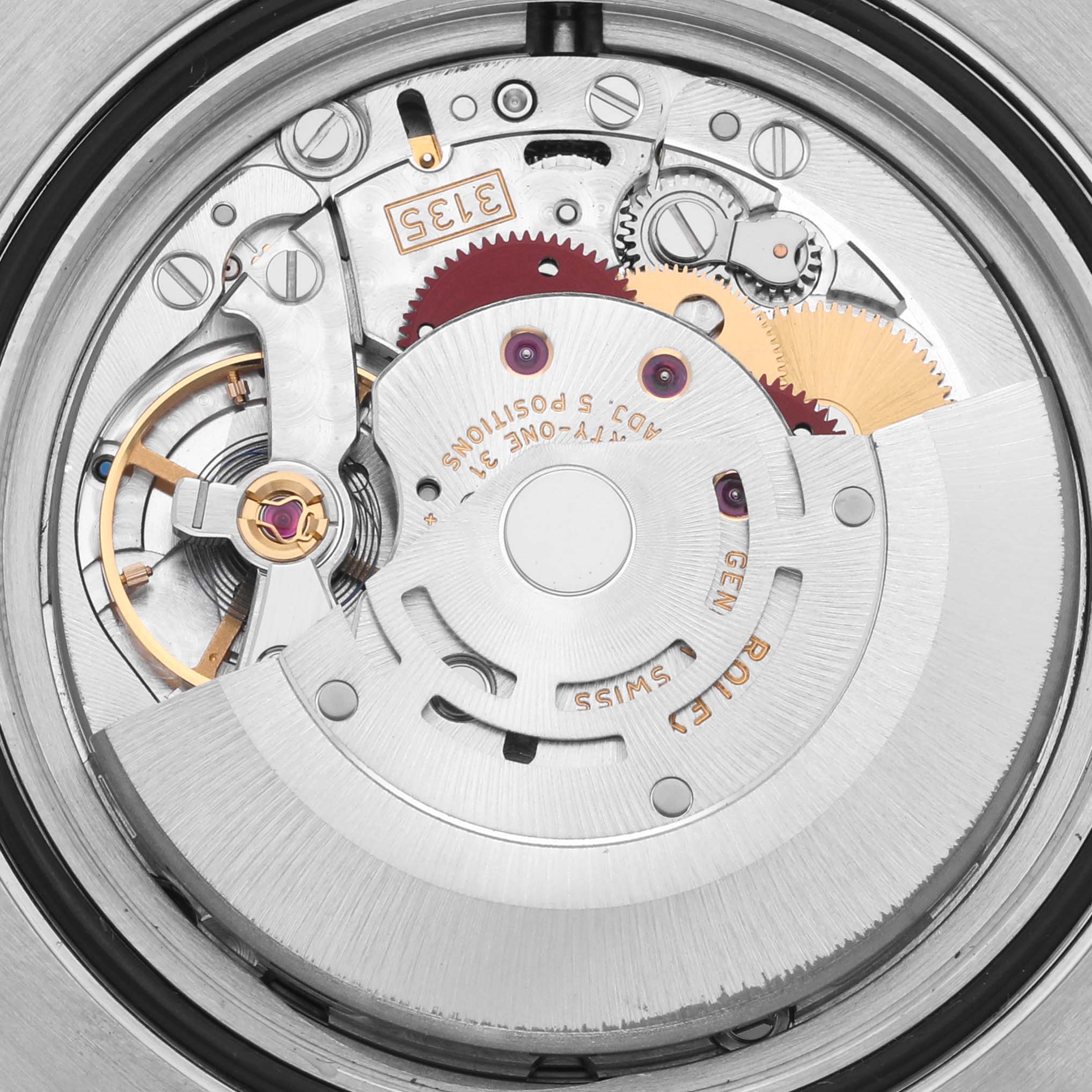 The image shows the movement mechanism of a Rolex Submariner 116610LV Men
s Stainless Steel Green Dial 116610LV Men
s Stainless Steel Green Dial from a top-down angle.