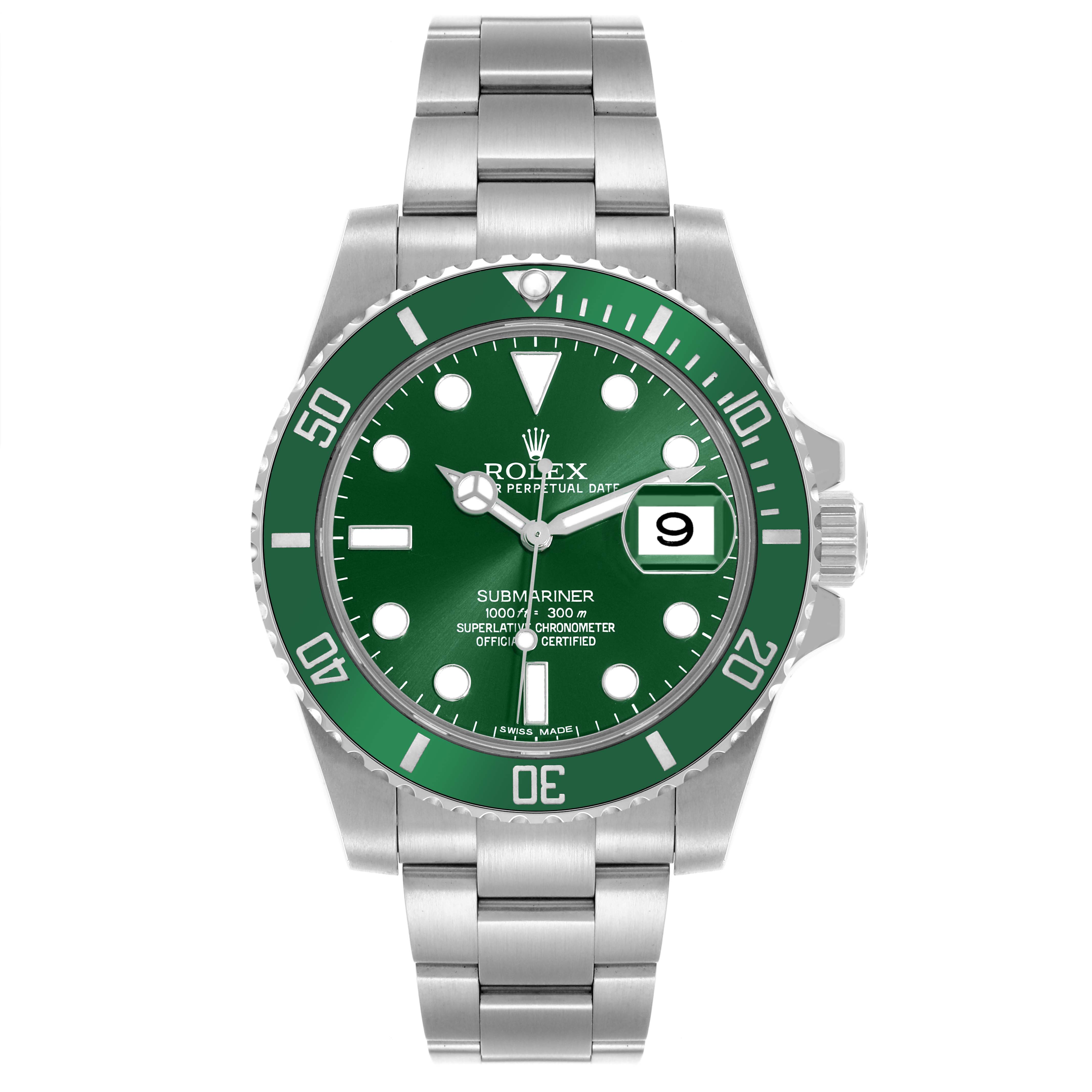 The Rolex Submariner 116610LV Men
s Stainless Steel Green Dial 116610LV Men
s Stainless Steel Green Dial watch is shown from a front angle, displaying its dial, bezel, and bracelet.