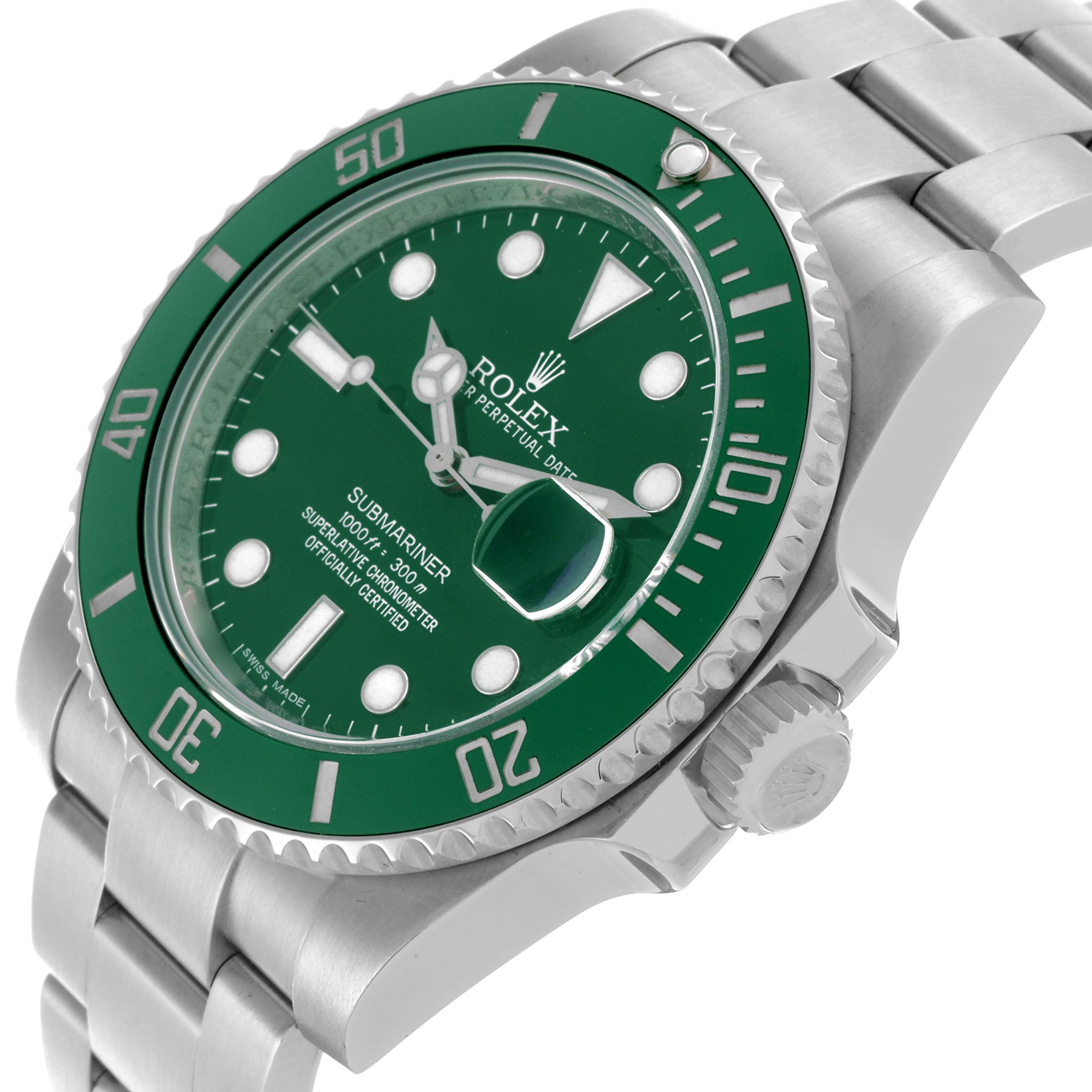 The Rolex Submariner 116610LV Men
s Stainless Steel Green Dial 116610LV Men
s Stainless Steel Green Dial watch is shown at an angle highlighting the green bezel, dial, crown, and part of the bracelet.