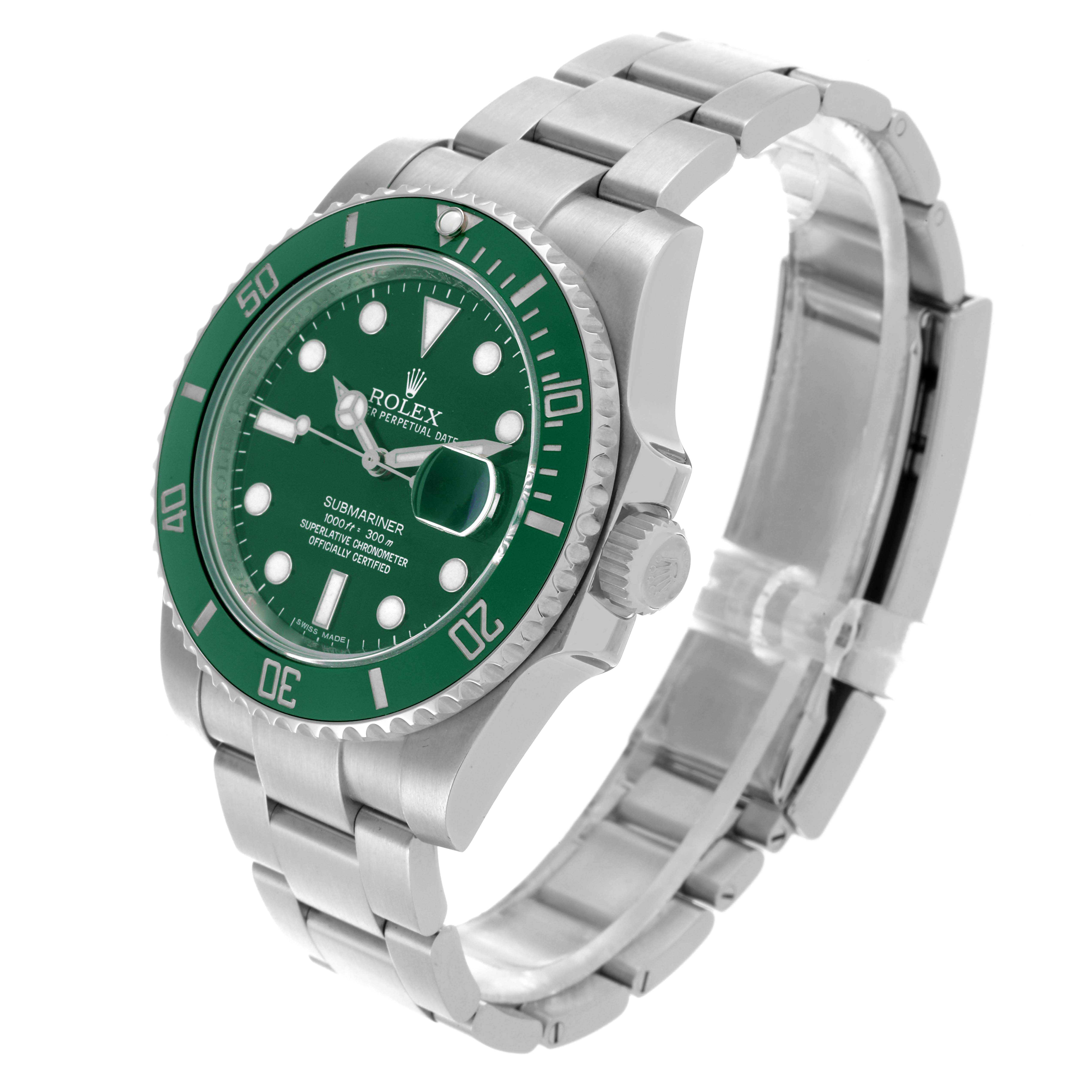 The Rolex Submariner 116610LV Men
s Stainless Steel Green Dial 116610LV Men
s Stainless Steel Green Dial watch is shown at a three-quarter angle, highlighting the face, bezel, crown, and bracelet.