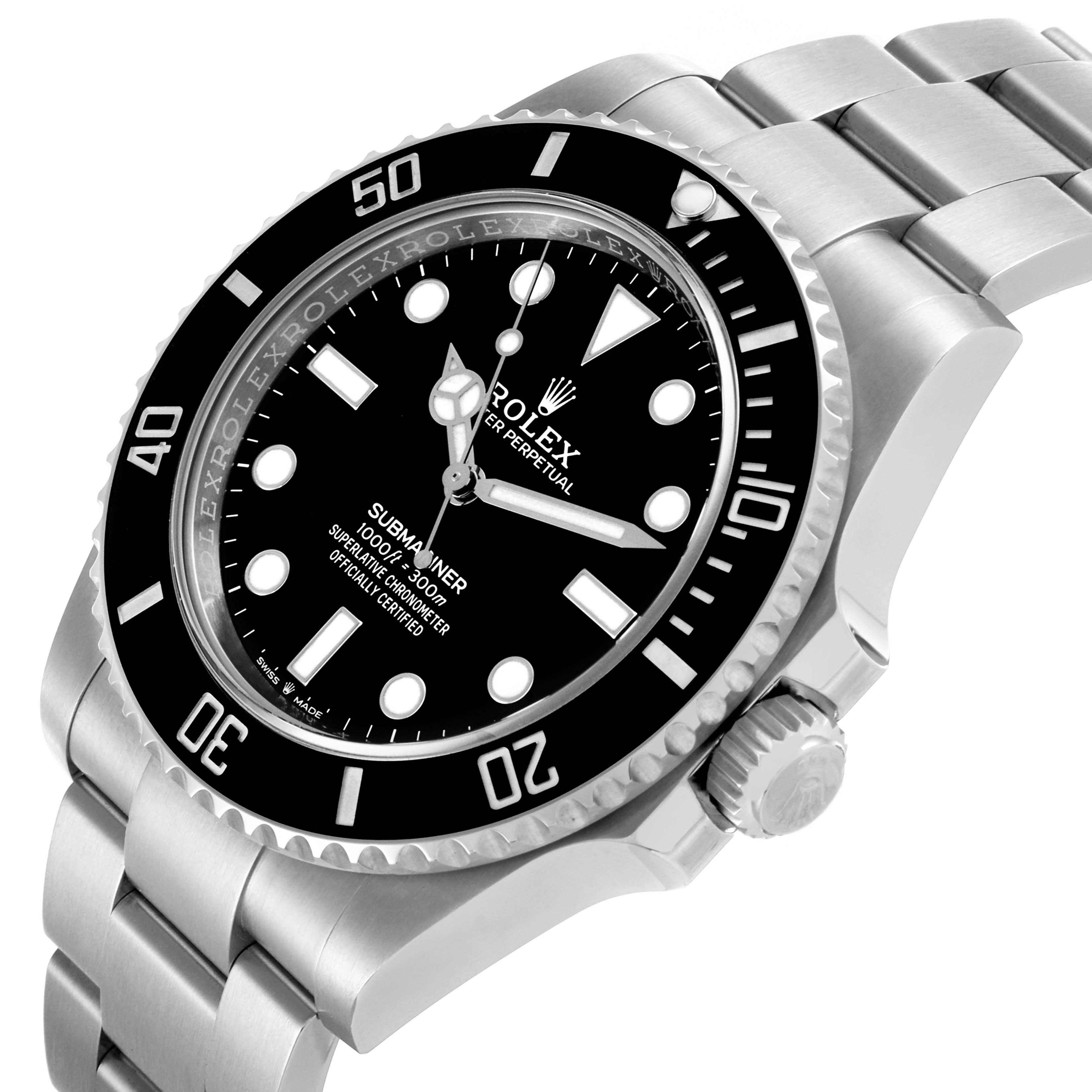 The Rolex Submariner 124060 Men's Stainless Steel Black Dial 124060 Men's Stainless Steel Black Dial watch is shown at an angle highlighting the face, bezel, crown, and bracelet.