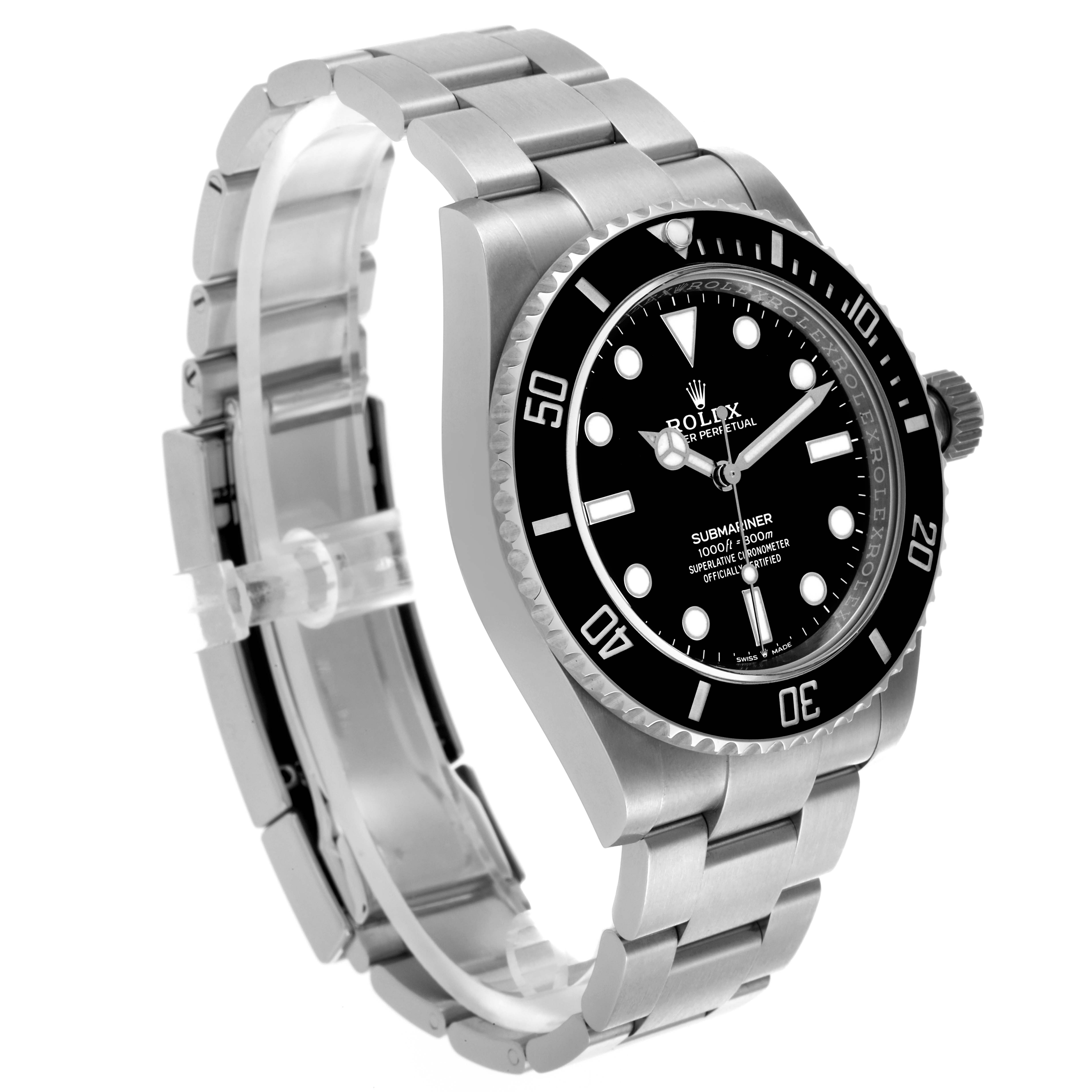 The Rolex Submariner 124060 Men's Stainless Steel Black Dial 124060 Men's Stainless Steel Black Dial watch is shown at a three-quarter angle, highlighting the dial, bezel, crown, and bracelet.
