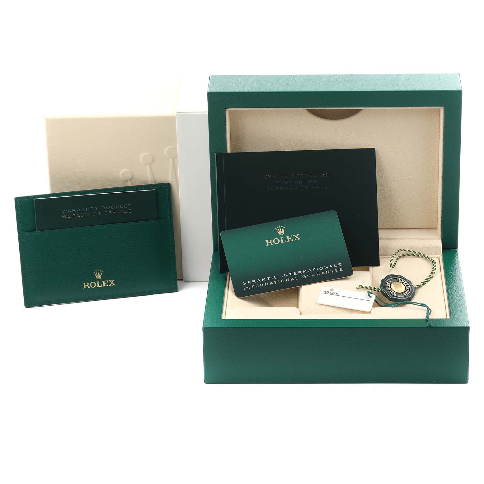 The image shows the packaging and accessories of a Rolex Submariner 124060 Men's Stainless Steel Black Dial 124060 Men's Stainless Steel Black Dial, including a box, booklet, guarantee card, and tag.