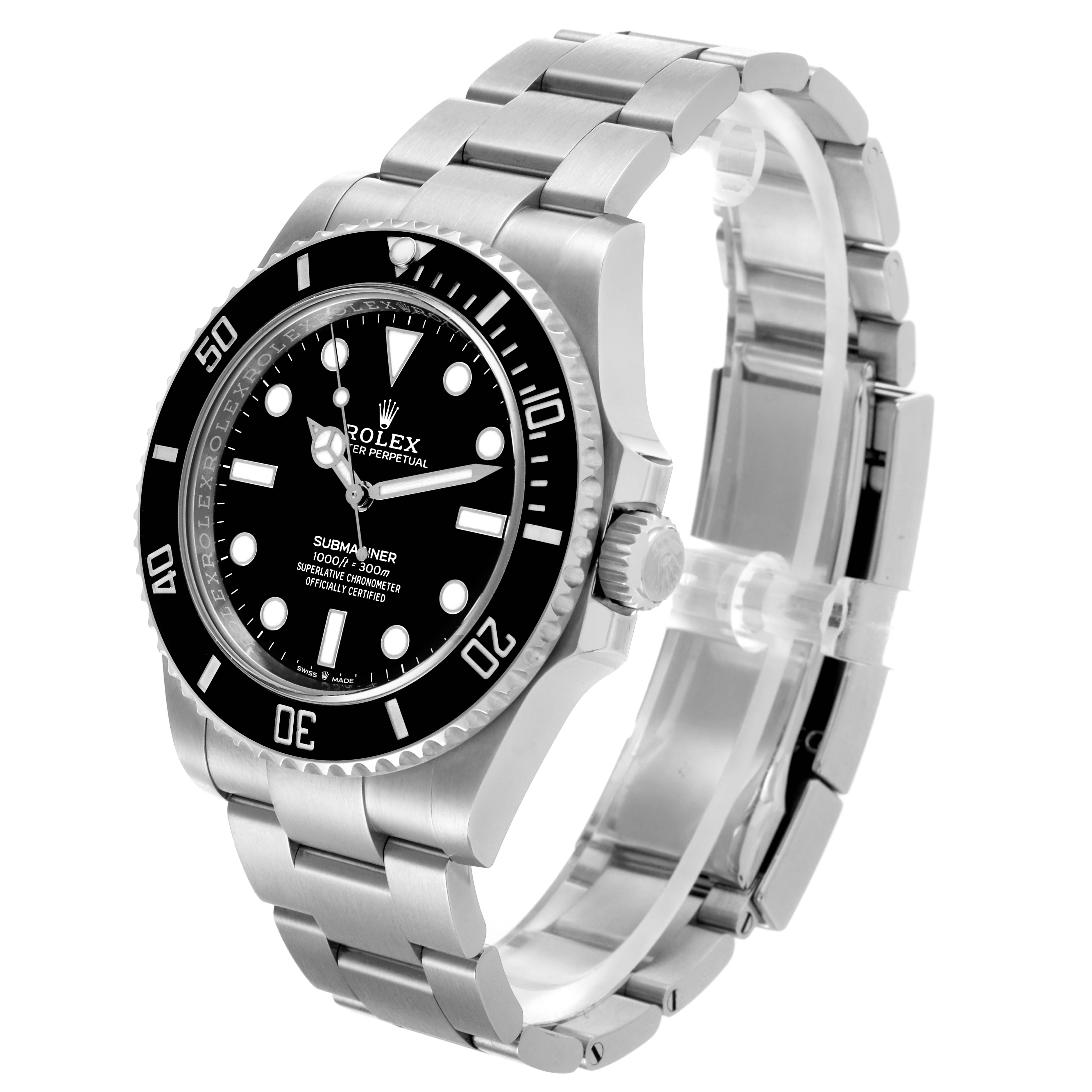 The Rolex Submariner 124060 Men's Stainless Steel Black Dial 124060 Men's Stainless Steel Black Dial watch is shown at an angle highlighting the face, bezel, crown, and bracelet.
