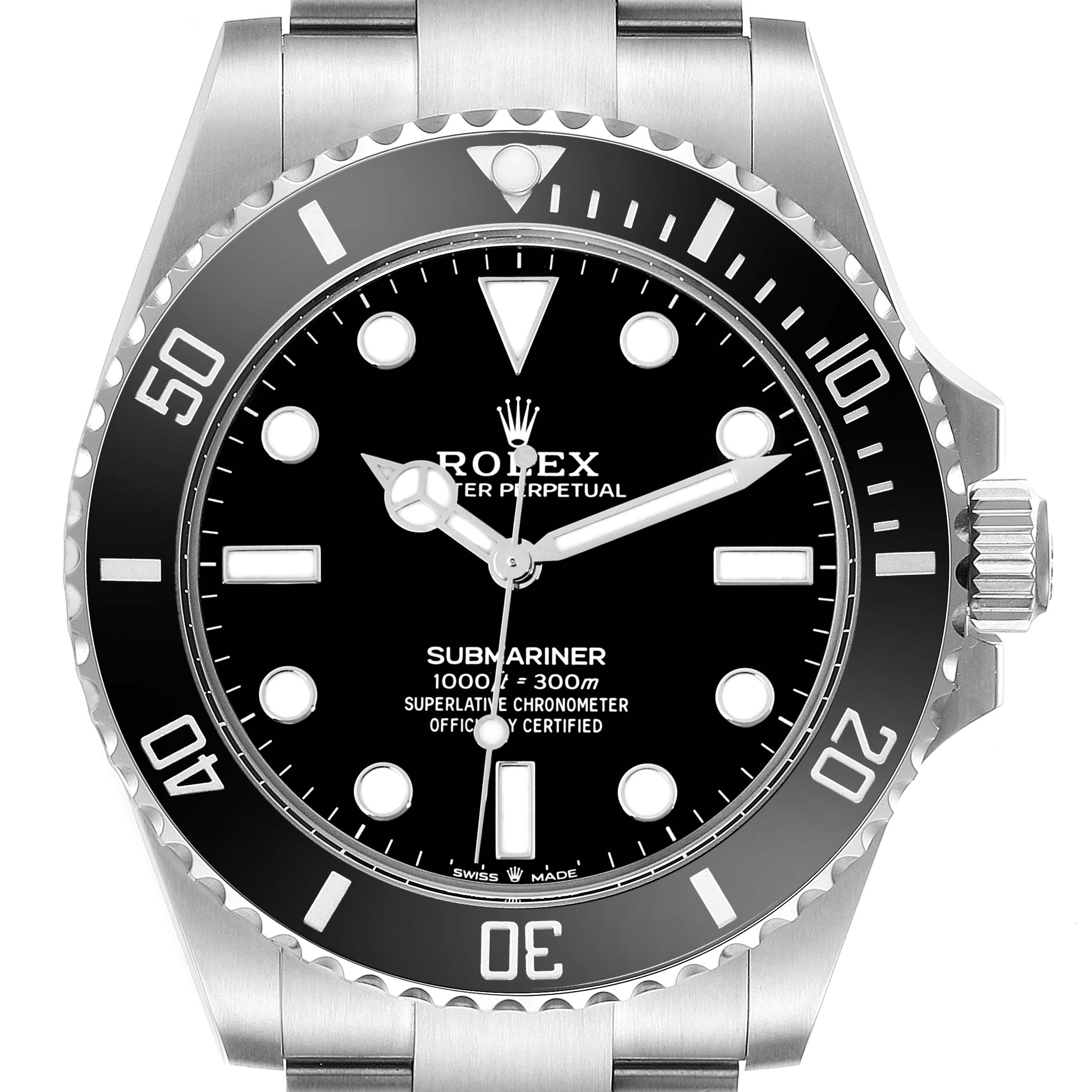The image shows a frontal view of the Rolex Submariner 124060 Men's Stainless Steel Black Dial 124060 Men's Stainless Steel Black Dial, highlighting the bezel, dial, and hands.