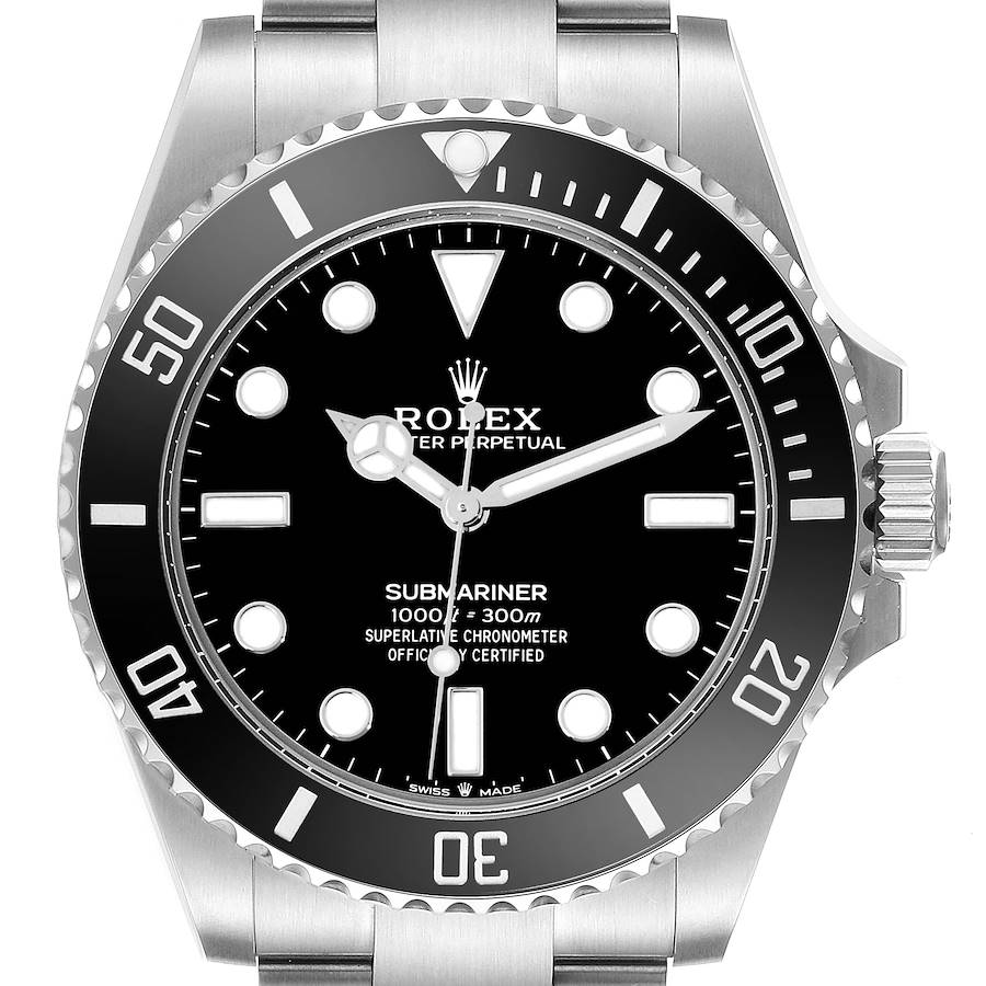 The image shows a frontal view of the Rolex Submariner, highlighting the bezel, dial, and hands.