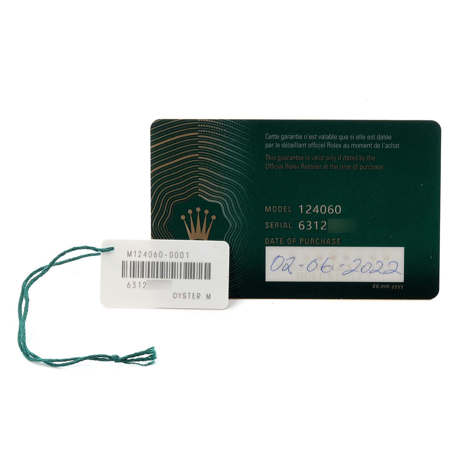 This image shows the warranty card and tag for a Rolex Submariner 124060 Men's Stainless Steel Black Dial 124060 Men's Stainless Steel Black Dial.