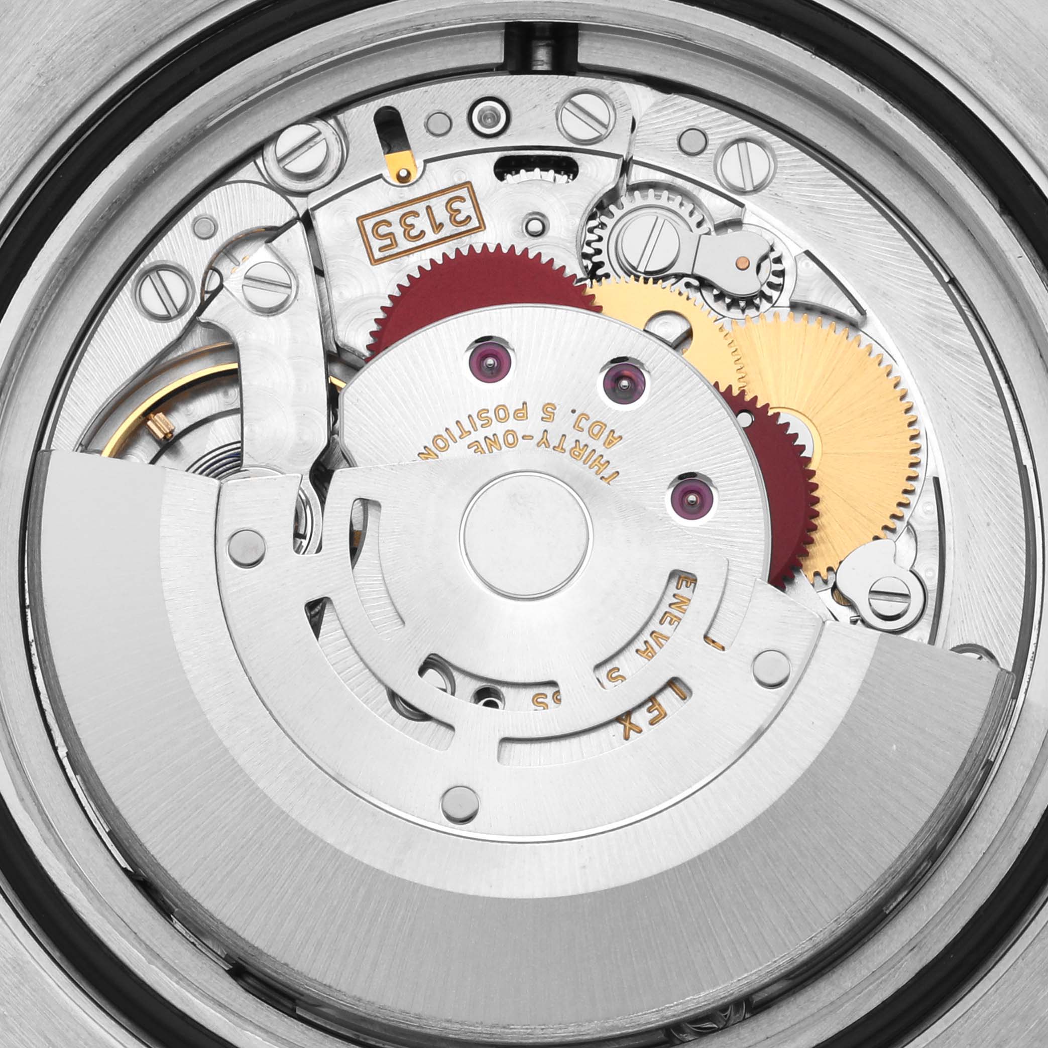 The image shows a close-up of the Rolex Submariner 116613 Men's Steel and Gold (two tone) Blue Dial 116613 Men's Steel and Gold (two tone) Blue Dial's movement, revealing the intricate gears and mechanisms from above.