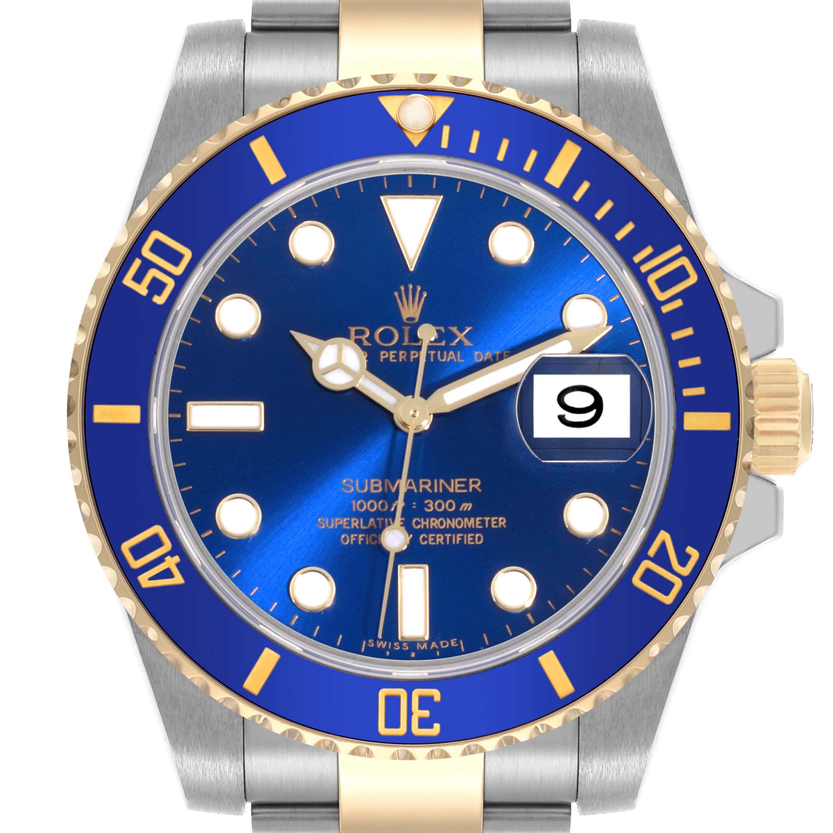 The image shows a front view of a Rolex Submariner 116613 Men's Steel and Gold (two tone) Blue Dial 116613 Men's Steel and Gold (two tone) Blue Dial watch, highlighting the blue dial, bezel, and bracelet.