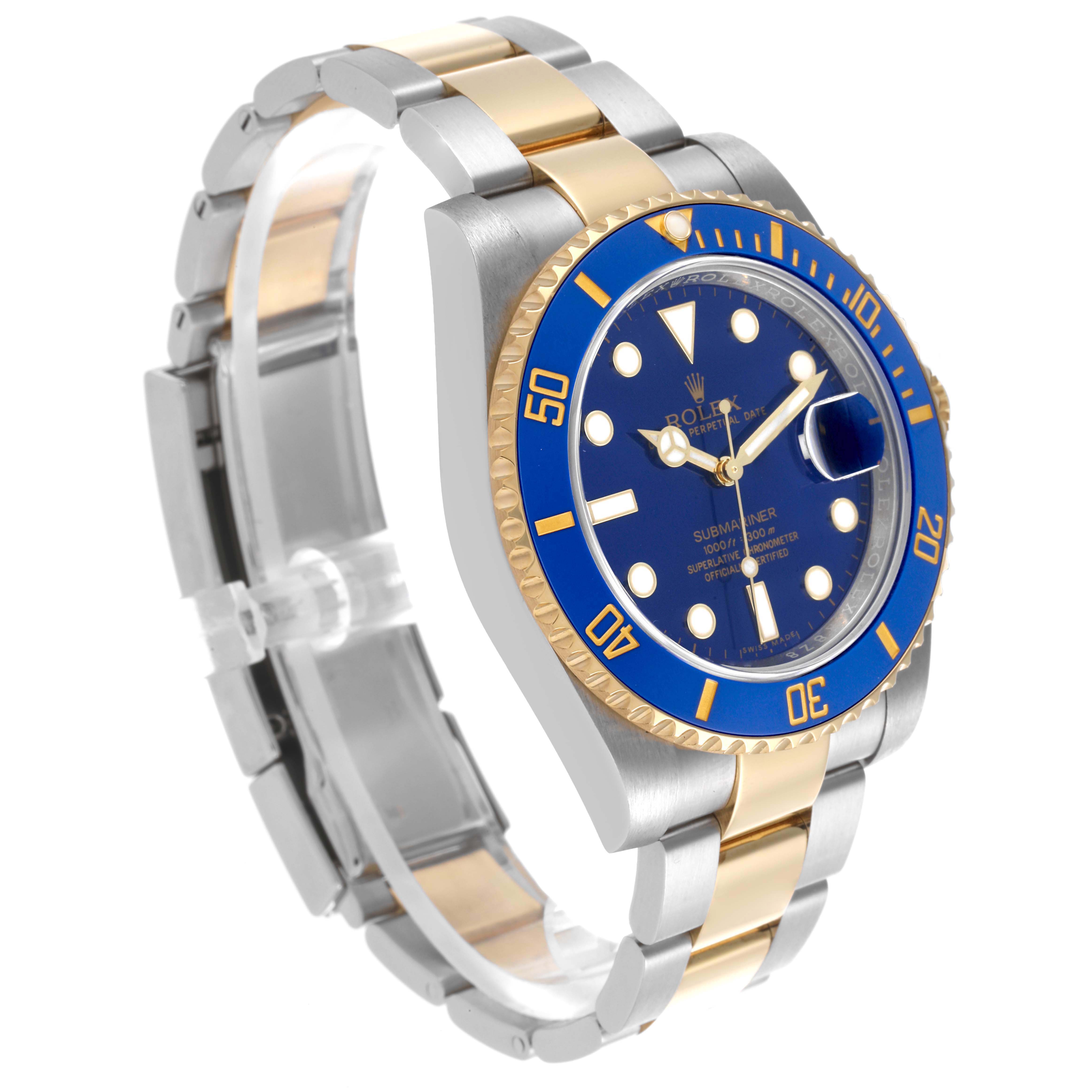 The Rolex Submariner 116613 Men's Steel and Gold (two tone) Blue Dial 116613 Men's Steel and Gold (two tone) Blue Dial is shown at a three-quarter angle highlighting the blue bezel, gold accents, and stainless steel bracelet.