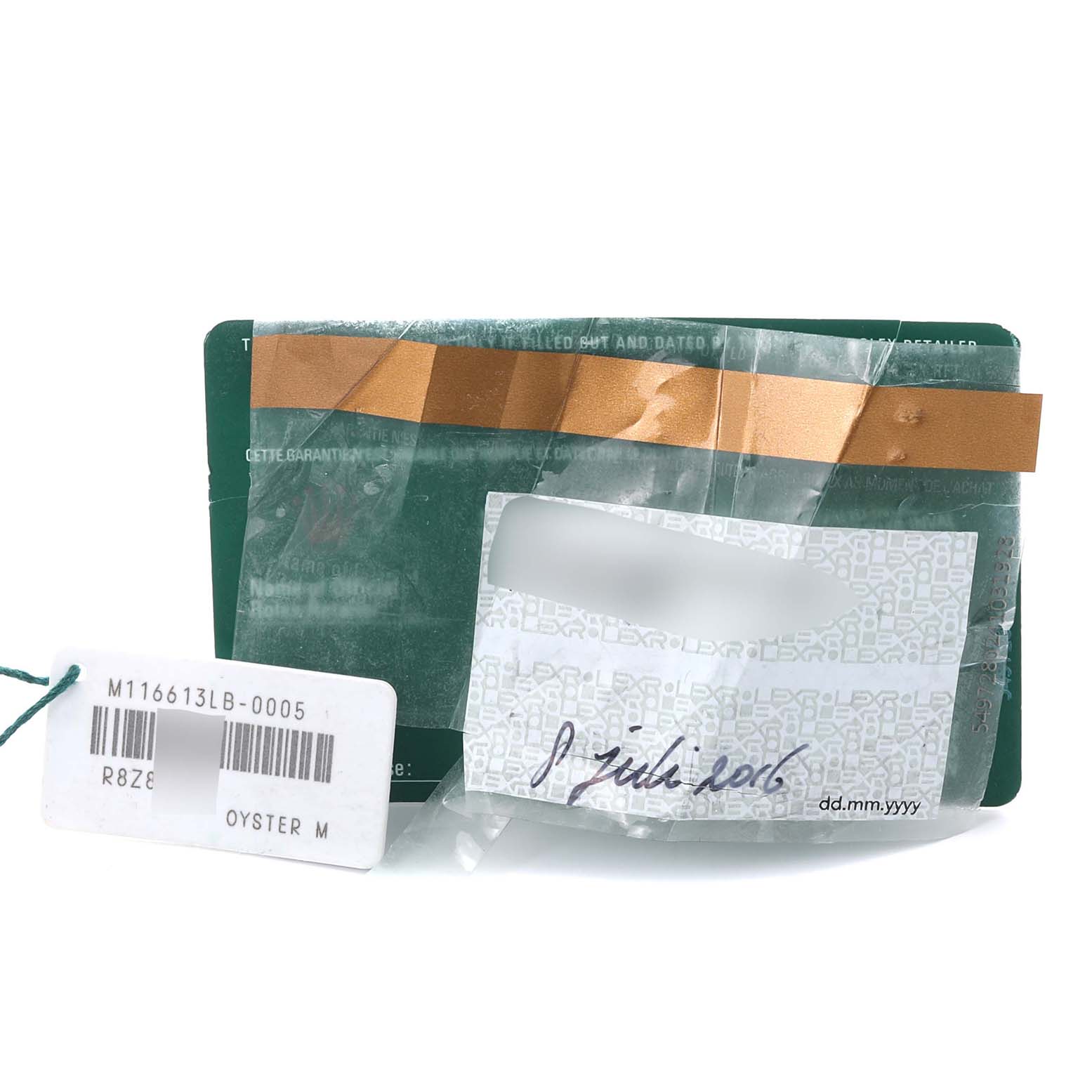 The image shows the tags and warranty card for a Rolex Submariner 116613 Men's Steel and Gold (two tone) Blue Dial 116613 Men's Steel and Gold (two tone) Blue Dial watch.