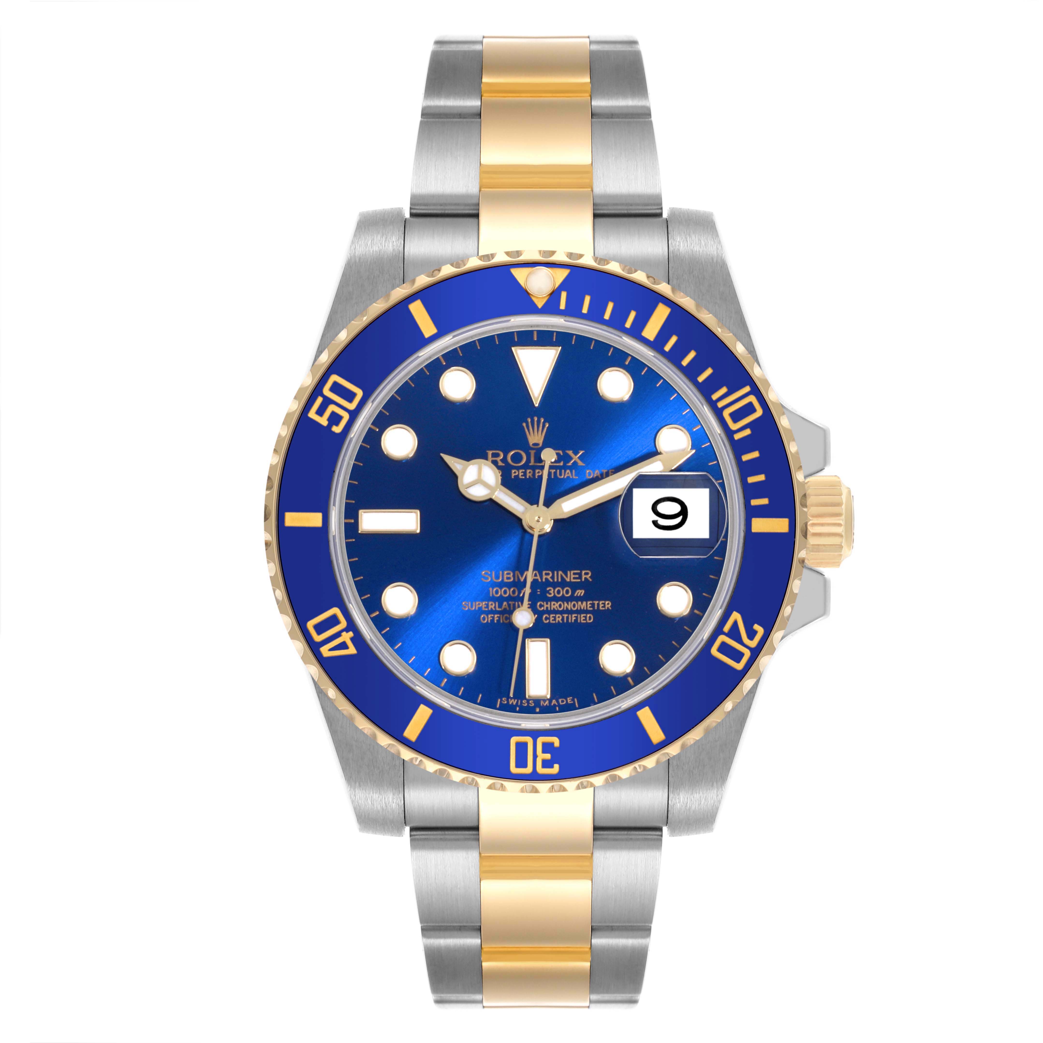The image shows a front view of a Rolex Submariner 116613 Men's Steel and Gold (two tone) Blue Dial 116613 Men's Steel and Gold (two tone) Blue Dial, highlighting the blue dial, bezel, and two-tone bracelet.
