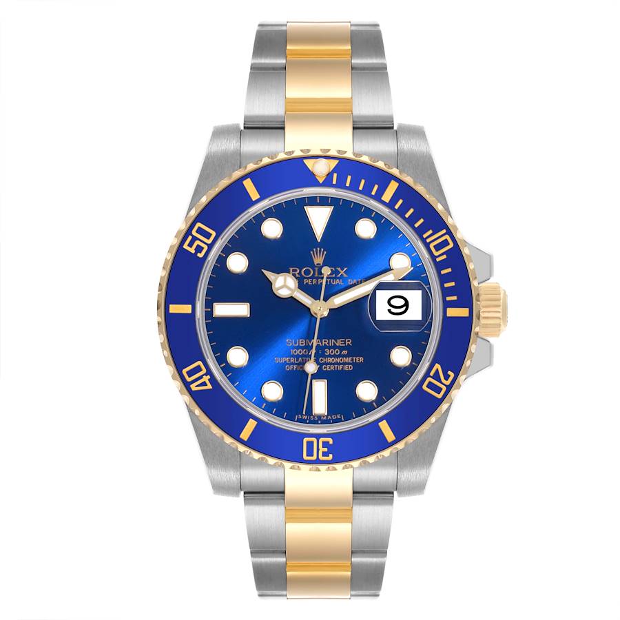 The image shows a front view of a Rolex Submariner, highlighting the blue dial, bezel, and two-tone bracelet.