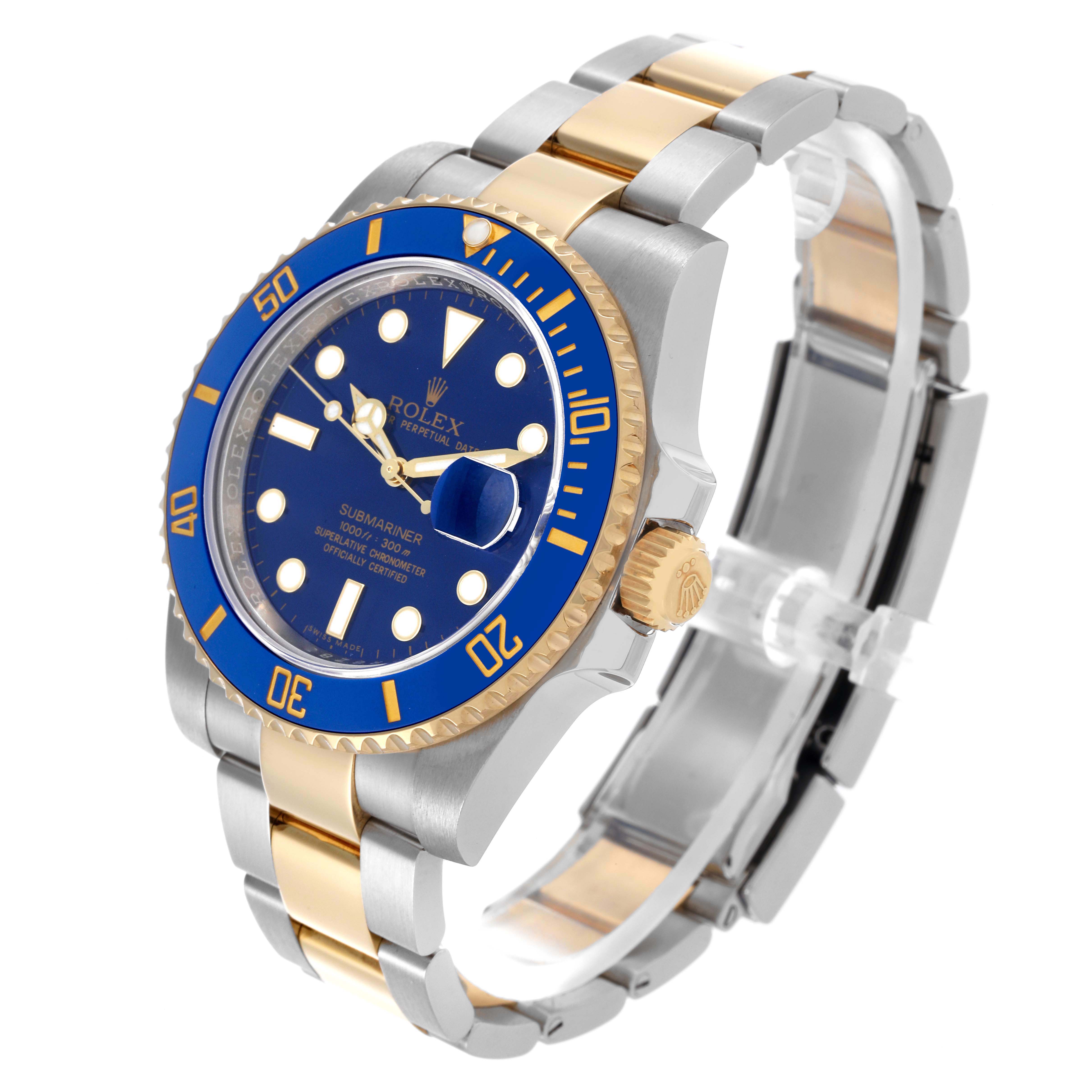 The Rolex Submariner 116613 Men's Steel and Gold (two tone) Blue Dial 116613 Men's Steel and Gold (two tone) Blue Dial watch is shown at a three-quarter angle, highlighting the face, bezel, crown, and bracelet.