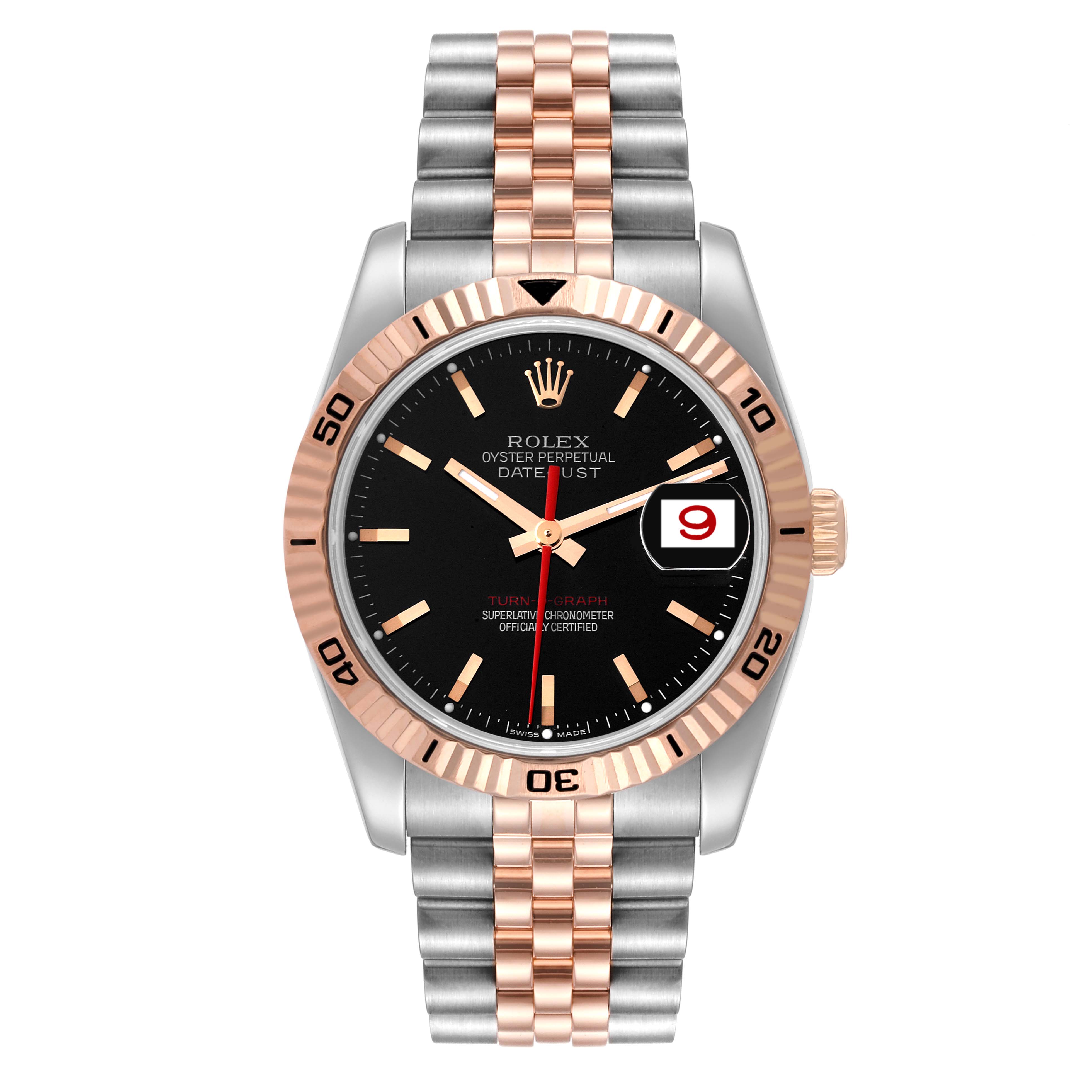 The Rolex Turn-o-Graph 116261 Men's Steel and Gold (two tone) Black Dial 116261 Men's Steel and Gold (two tone) Black Dial watch is shown from the front, displaying its dial, bezel, hands, date window, and bracelet.