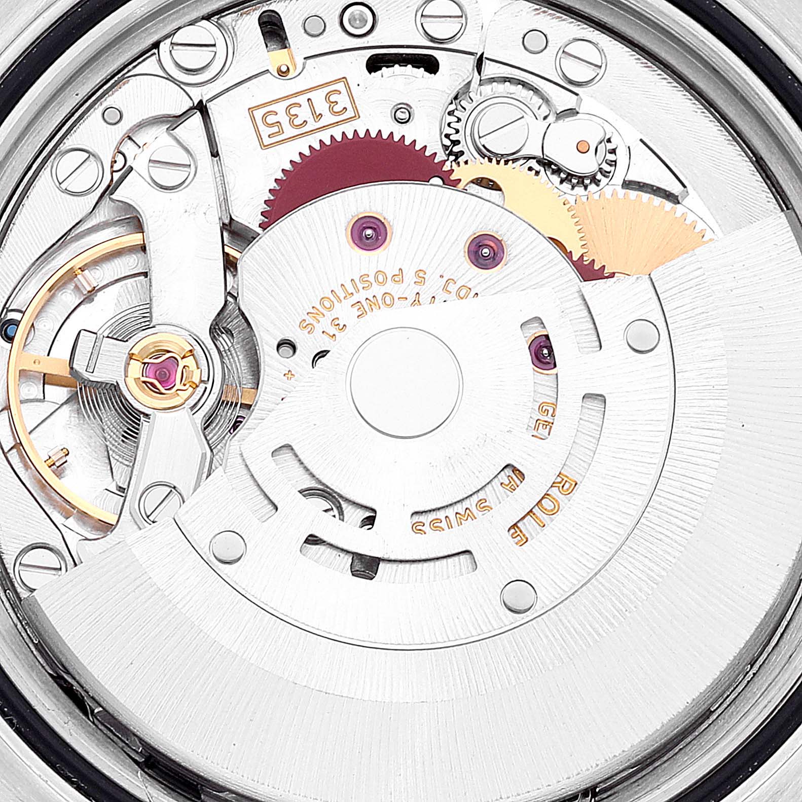 This is a detailed view of the intricate internal mechanisms of a Rolex Turn-o-Graph 116261 Men's Steel and Gold (two tone) Black Dial 116261 Men's Steel and Gold (two tone) Black Dial watch.