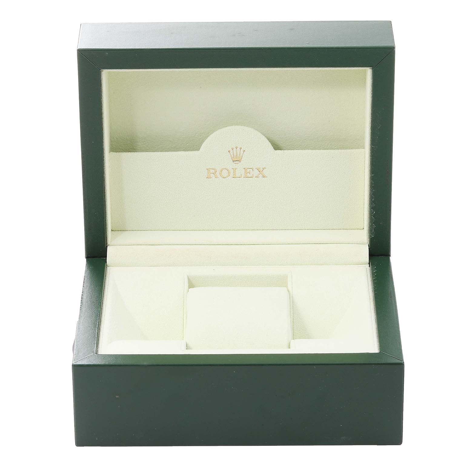 The image shows an open green Rolex box for the Turn-o-Graph model, displaying the interior's plush compartments.
