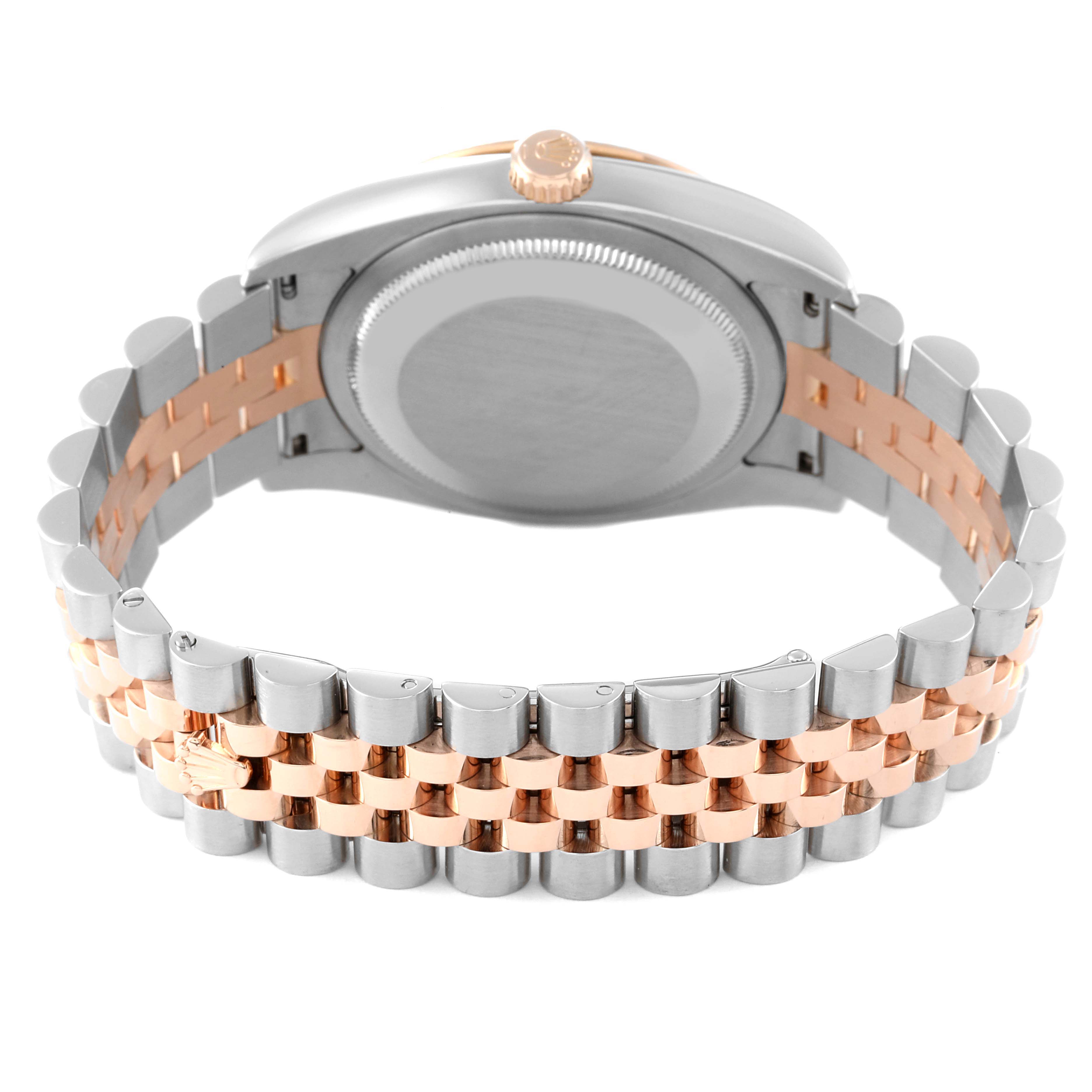 This image shows the back and bracelet of the Rolex Turn-o-Graph 116261 Men's Steel and Gold (two tone) Black Dial 116261 Men's Steel and Gold (two tone) Black Dial watch from a side angle.