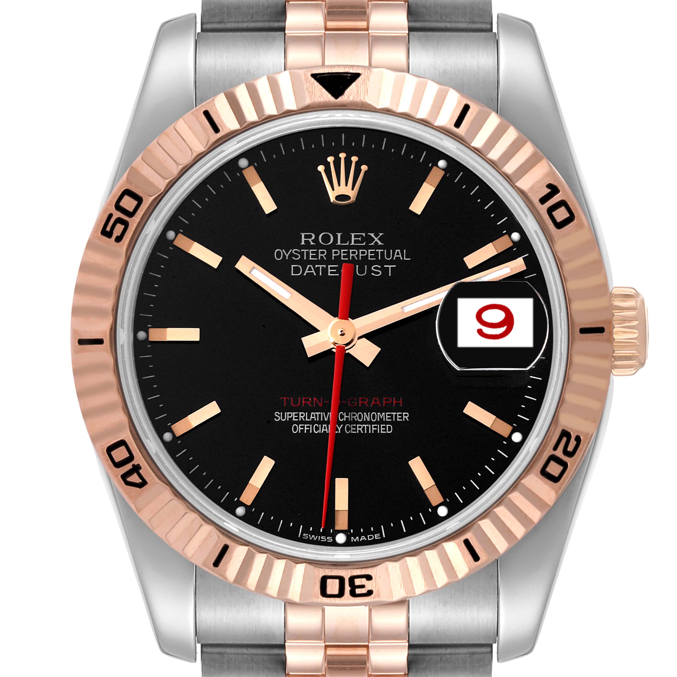 This image shows a front view of the Rolex Turn-o-Graph 116261 Men's Steel and Gold (two tone) Black Dial 116261 Men's Steel and Gold (two tone) Black Dial watch face, bezel, crown, and part of the bracelet.
