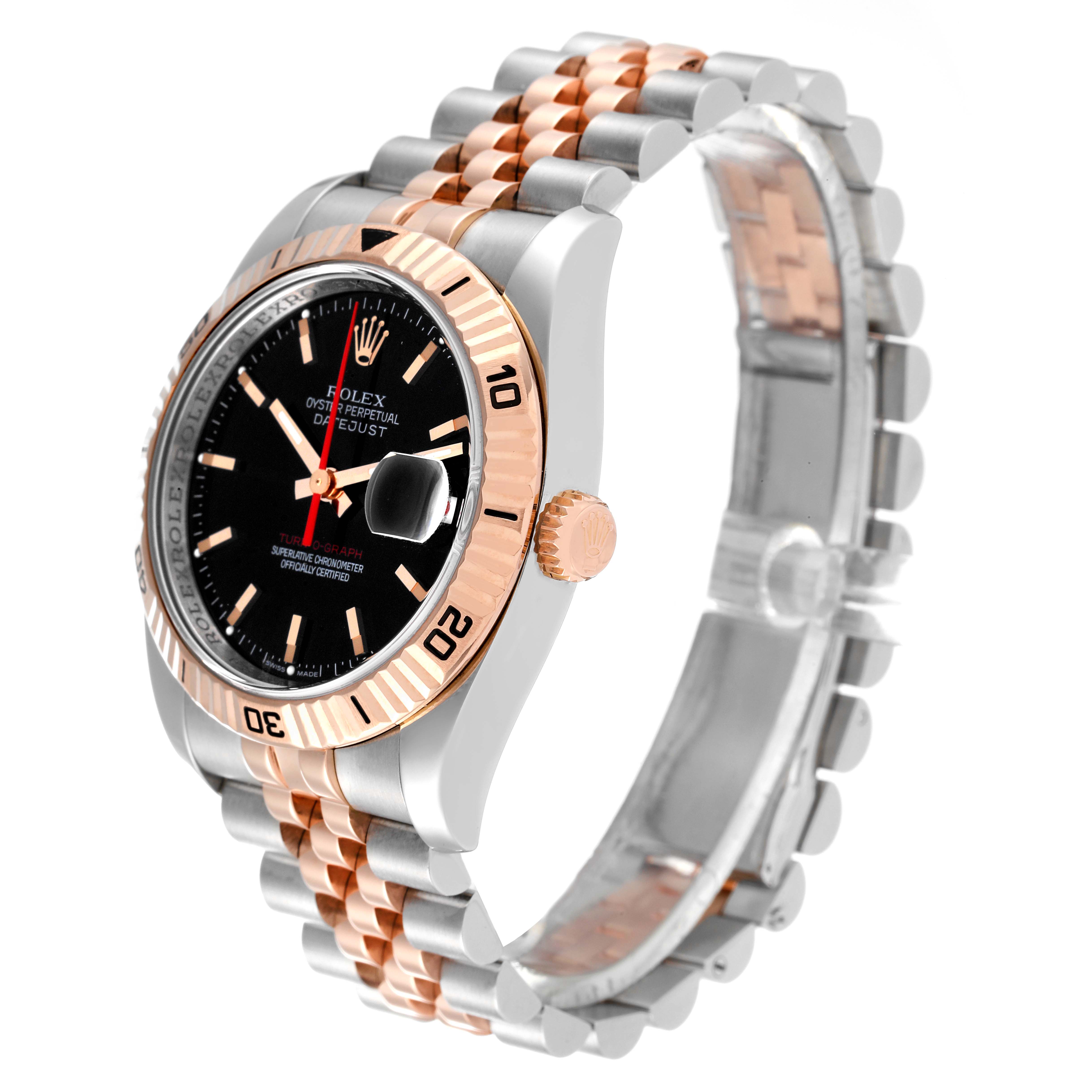 The Rolex Turn-o-Graph 116261 Men's Steel and Gold (two tone) Black Dial 116261 Men's Steel and Gold (two tone) Black Dial watch is displayed at a three-quarter angle, showing the face, bezel, crown, and two-tone bracelet.