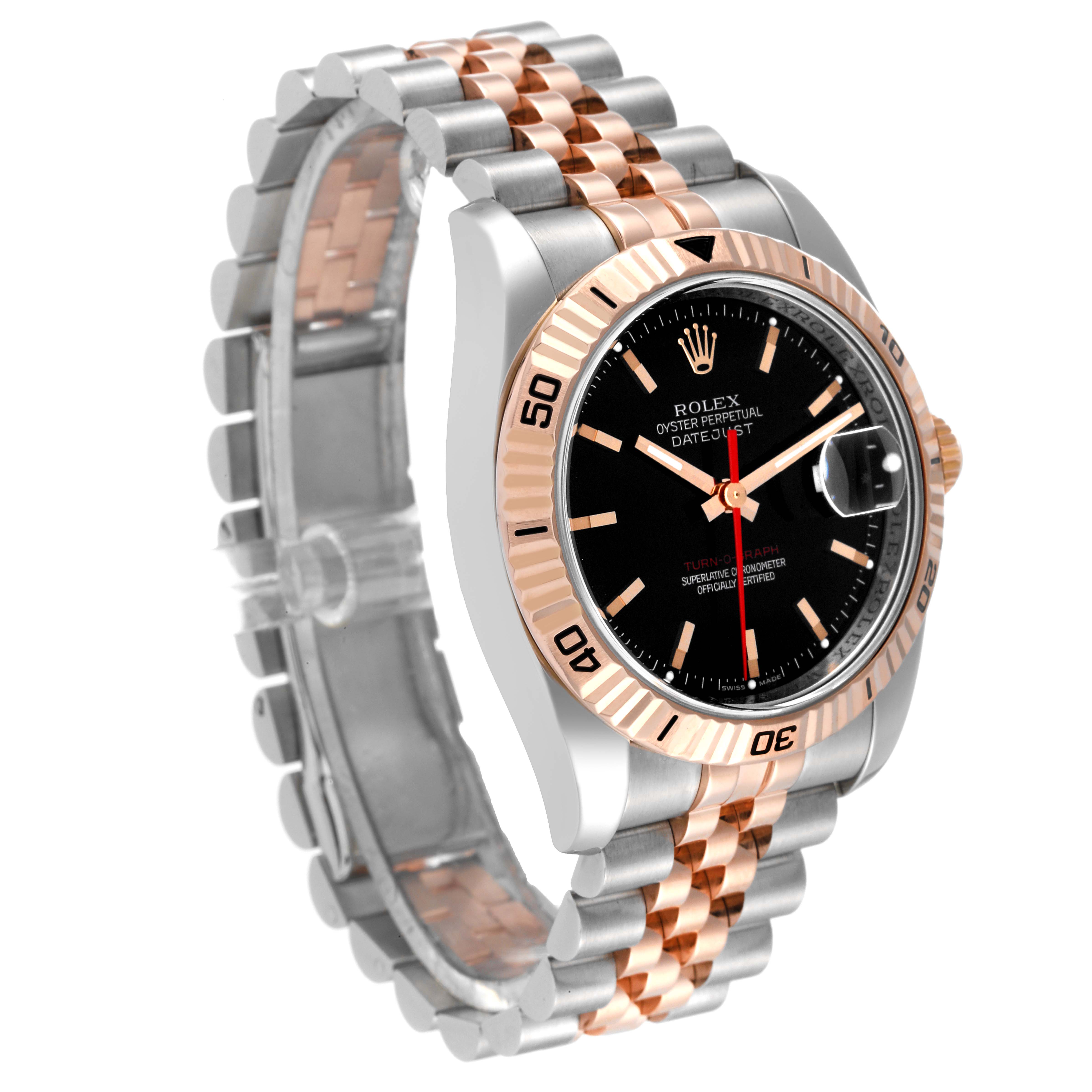 This image shows a Rolex Turn-o-Graph 116261 Men's Steel and Gold (two tone) Black Dial 116261 Men's Steel and Gold (two tone) Black Dial watch at a three-quarter angle, highlighting its black dial, date window, and two-tone bracelet.