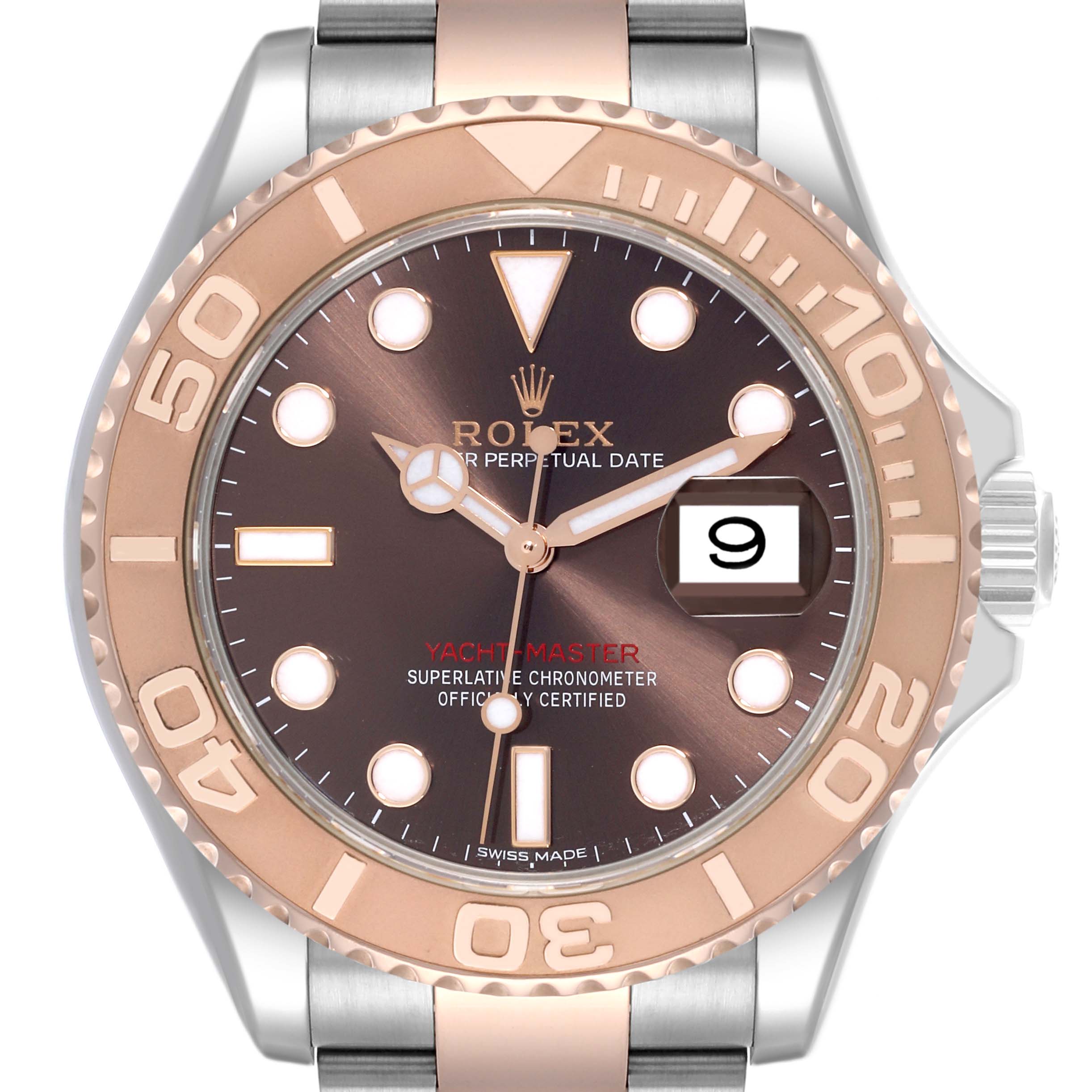 The Rolex Yacht-Master 116621 Men's Steel and Gold (two tone) Brown Dial 116621 Men's Steel and Gold (two tone) Brown Dial watch is shown from the front, highlighting the dial, bezel, and part of the bracelet.