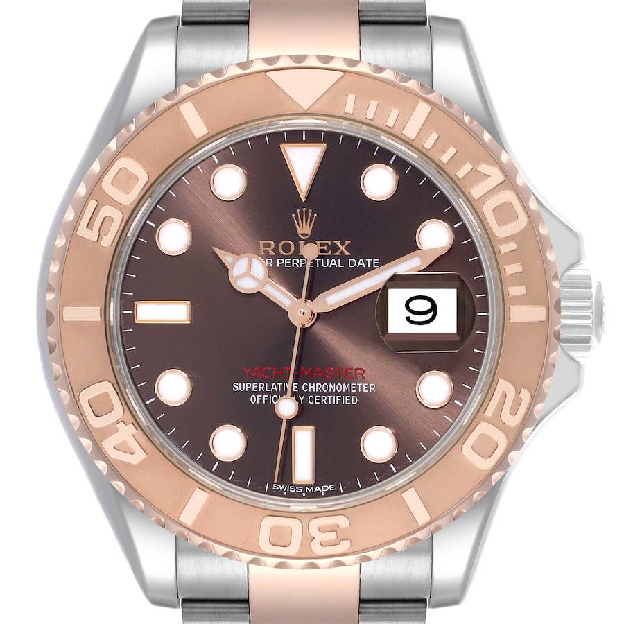 The Rolex Yacht-Master watch is shown from the front, highlighting the dial, bezel, and part of the bracelet.