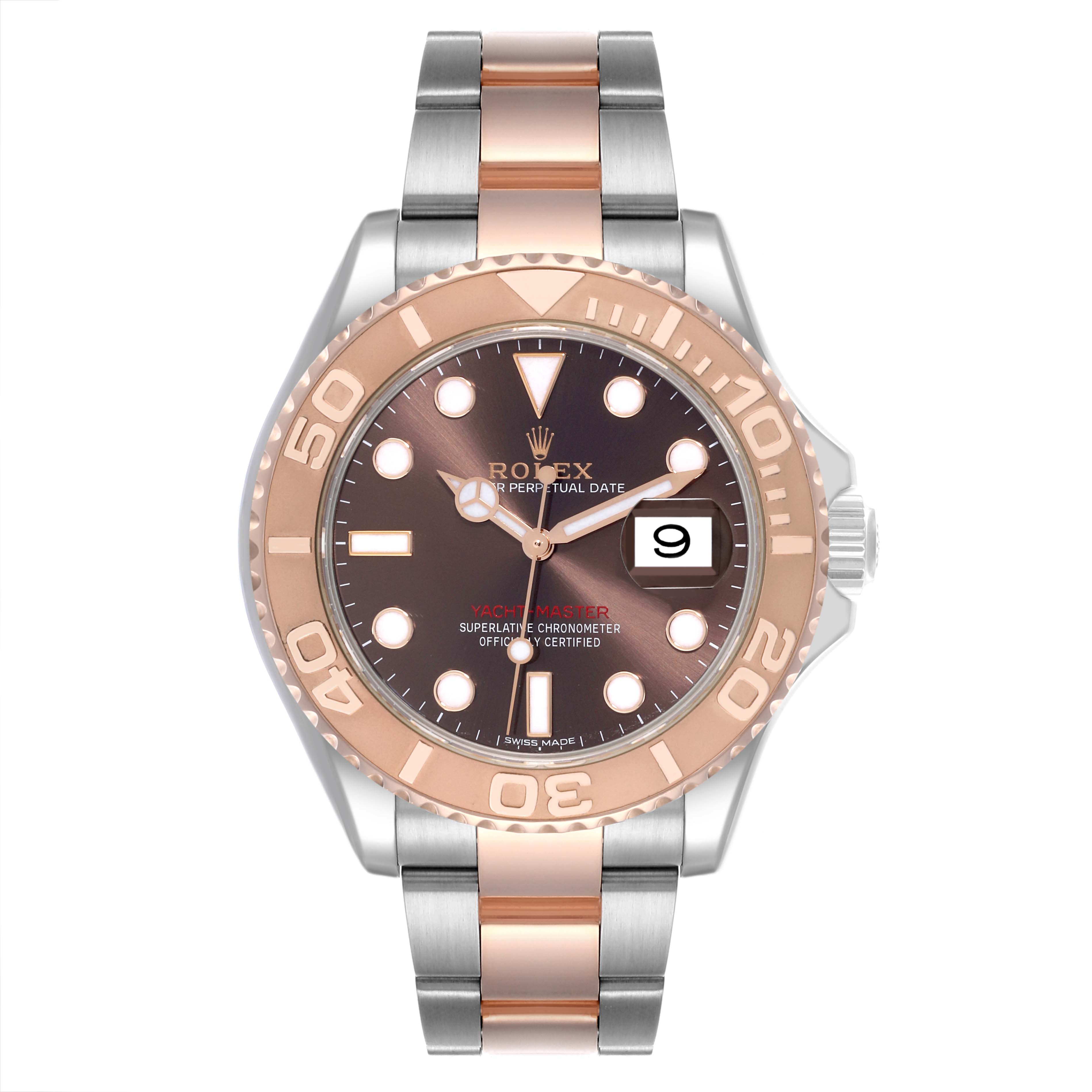 The Rolex Yacht-Master 116621 Men's Steel and Gold (two tone) Brown Dial 116621 Men's Steel and Gold (two tone) Brown Dial is shown from the front, displaying the dial, bezel, and two-tone bracelet.