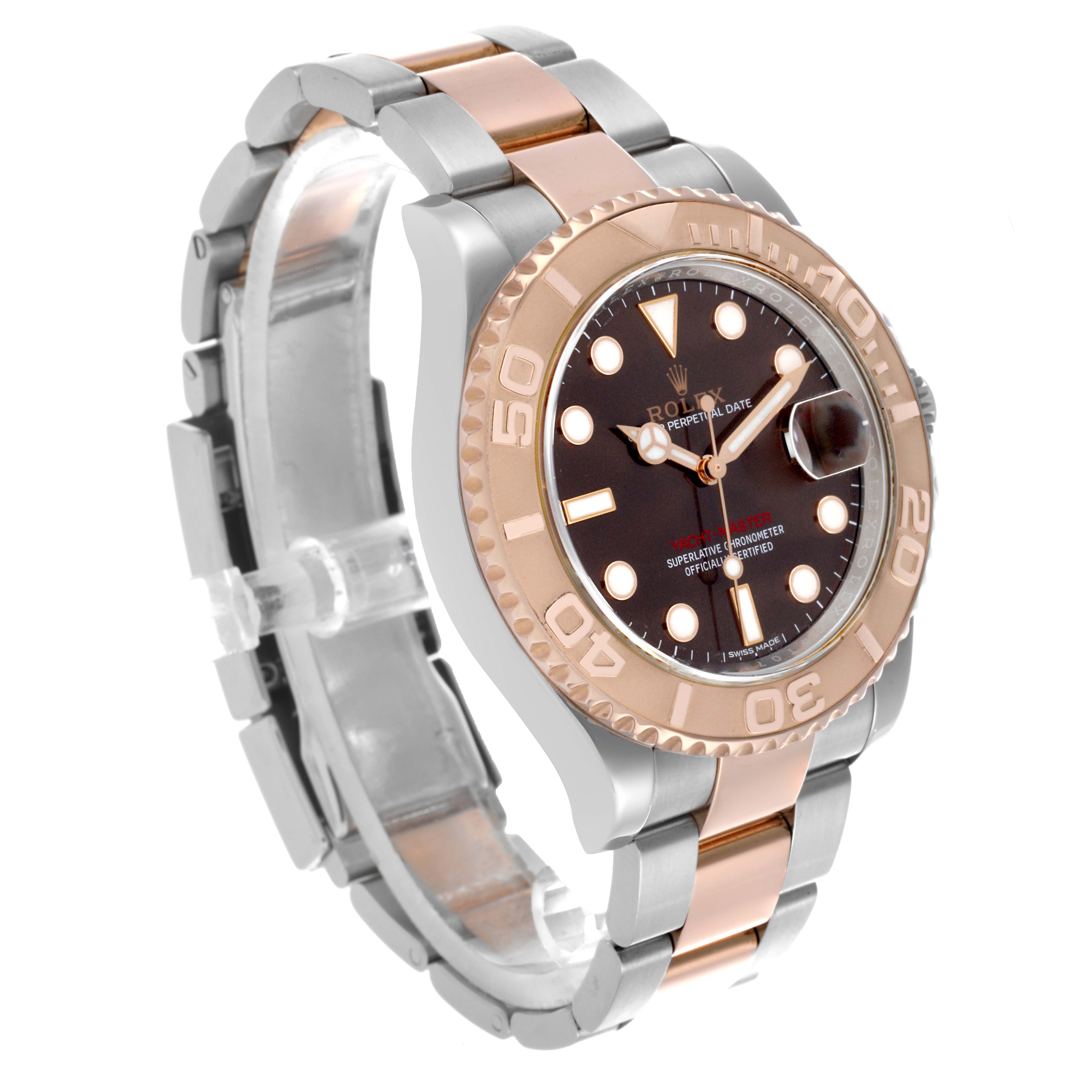 The Rolex Yacht-Master 116621 Men's Steel and Gold (two tone) Brown Dial 116621 Men's Steel and Gold (two tone) Brown Dial watch is shown at a slightly tilted angle, highlighting its bezel, dial, and bimetal bracelet.