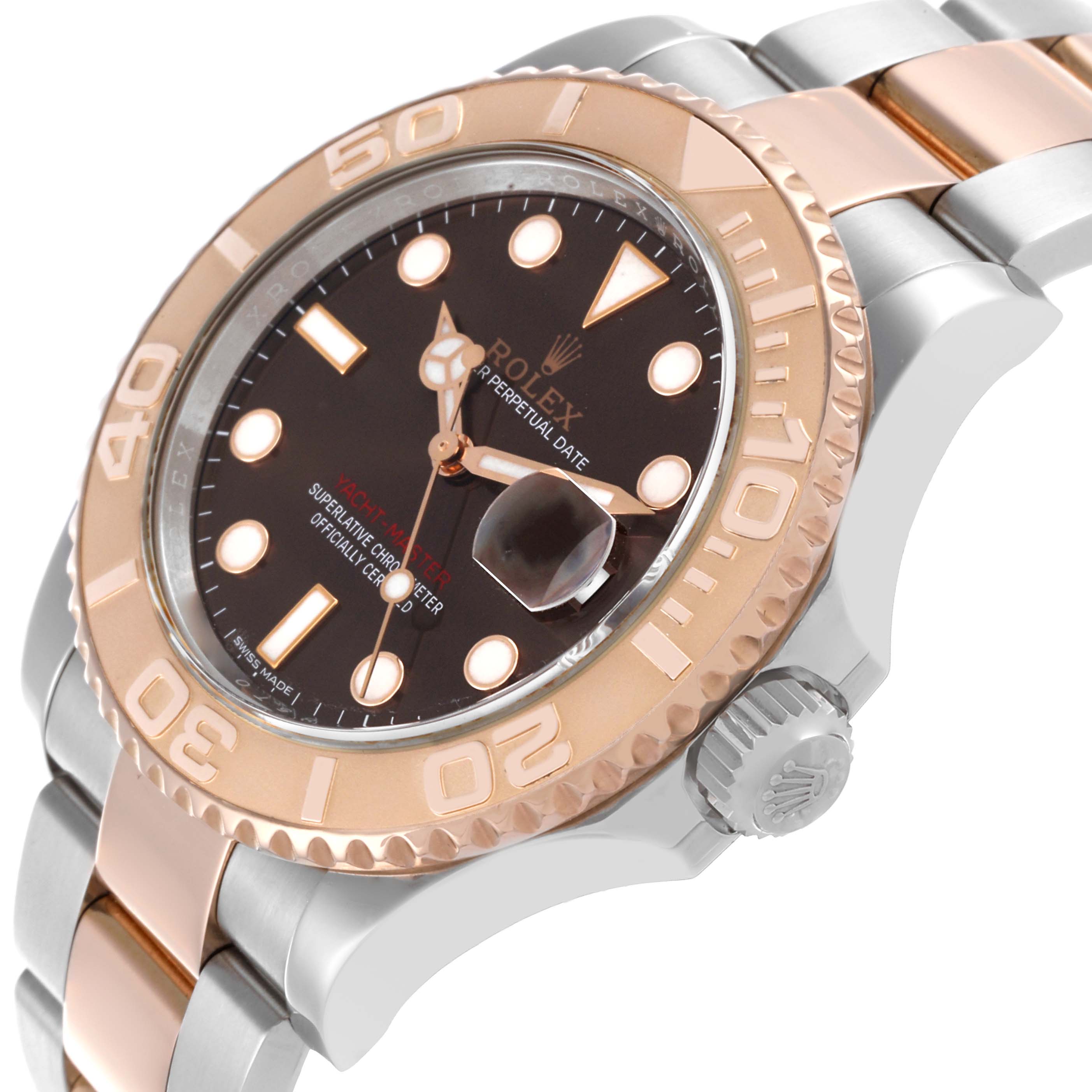 The Rolex Yacht-Master 116621 Men's Steel and Gold (two tone) Brown Dial 116621 Men's Steel and Gold (two tone) Brown Dial watch is shown at a slight angle highlighting the dial, bezel, crown, and part of the bracelet.