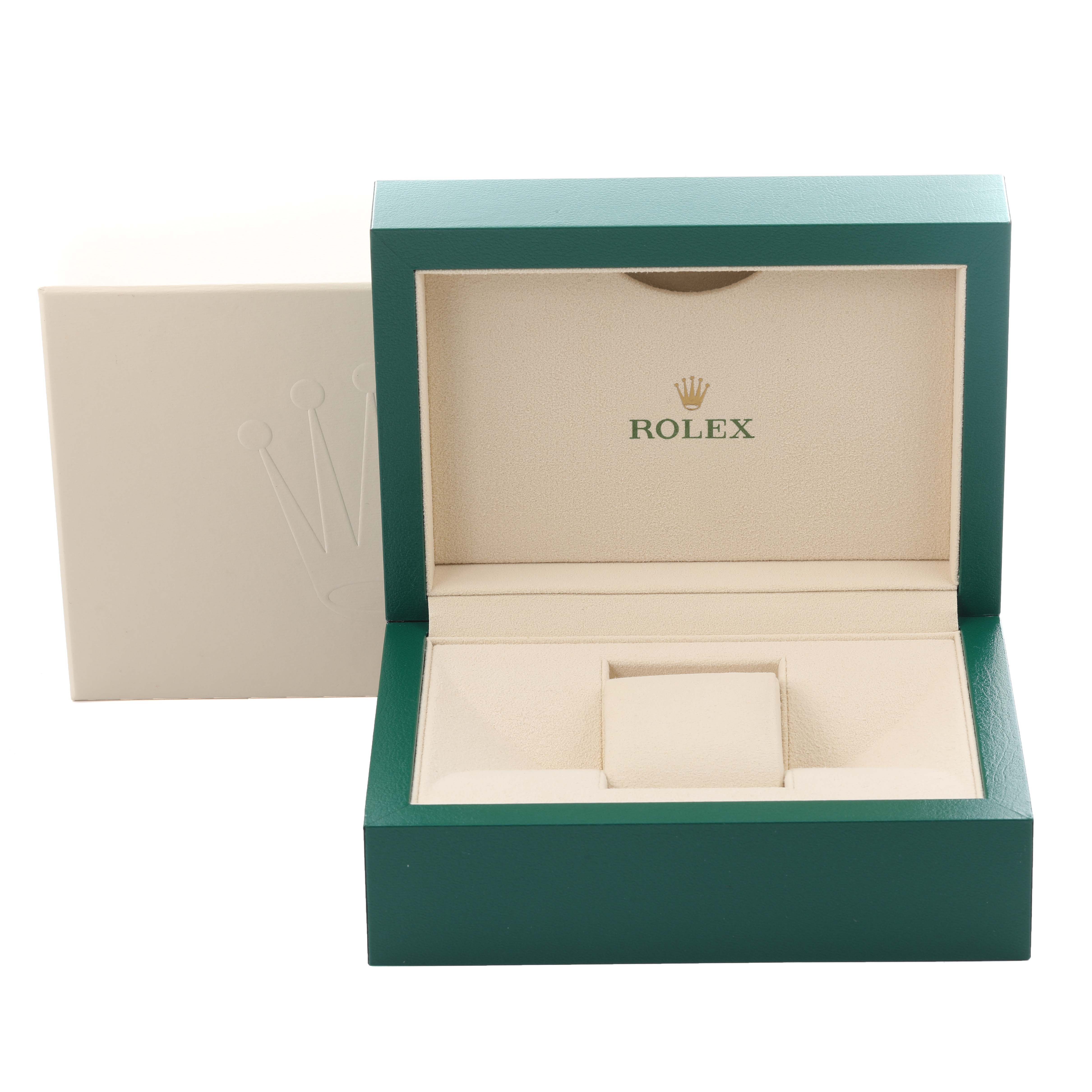 The image shows an open Rolex Yacht-Master 116621 Men's Steel and Gold (two tone) Brown Dial 116621 Men's Steel and Gold (two tone) Brown Dial watch box, angled to reveal the interior and the Rolex logo.